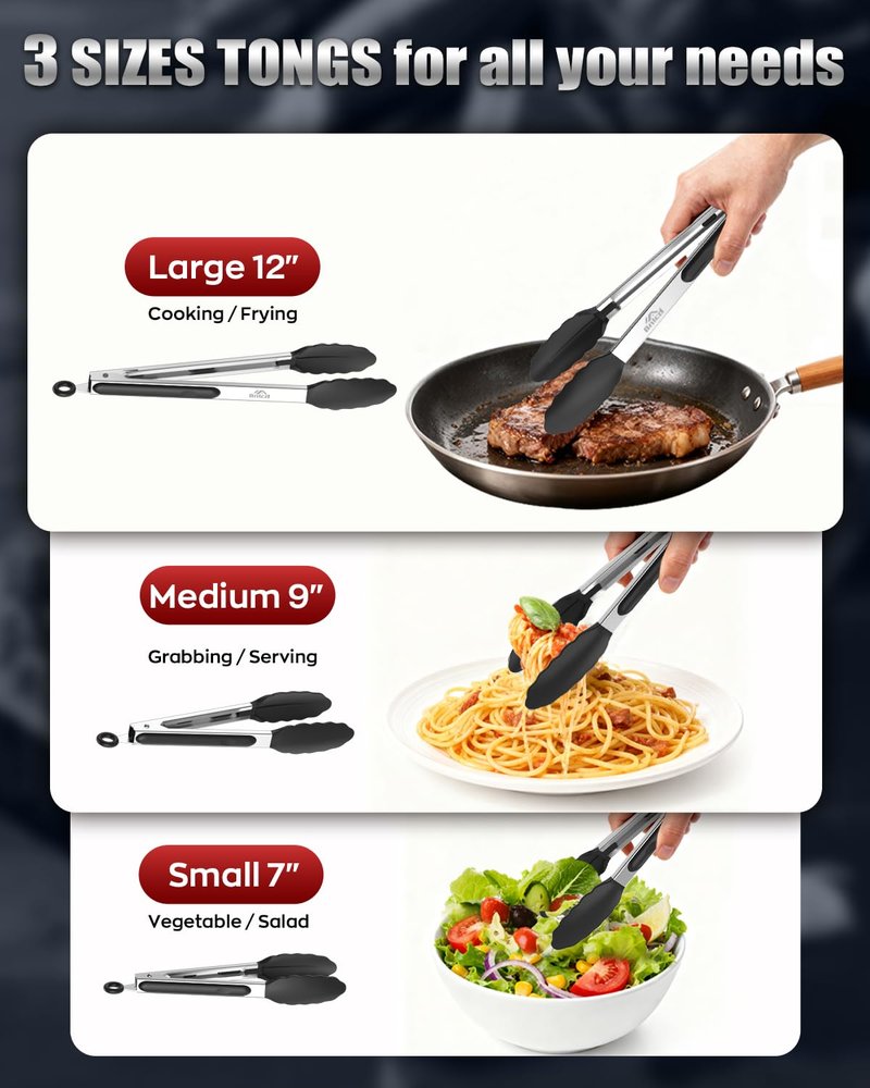 600ºF Heat Resistant Kitchen Tongs, Premium Locking Cooking Tongs with Silicone Tips, Non-Slip Food Tongs for Cooking, Non-Stick, Heavy Duty Stainless Steel Handle, Set of 3-7" 9" and 12" Black