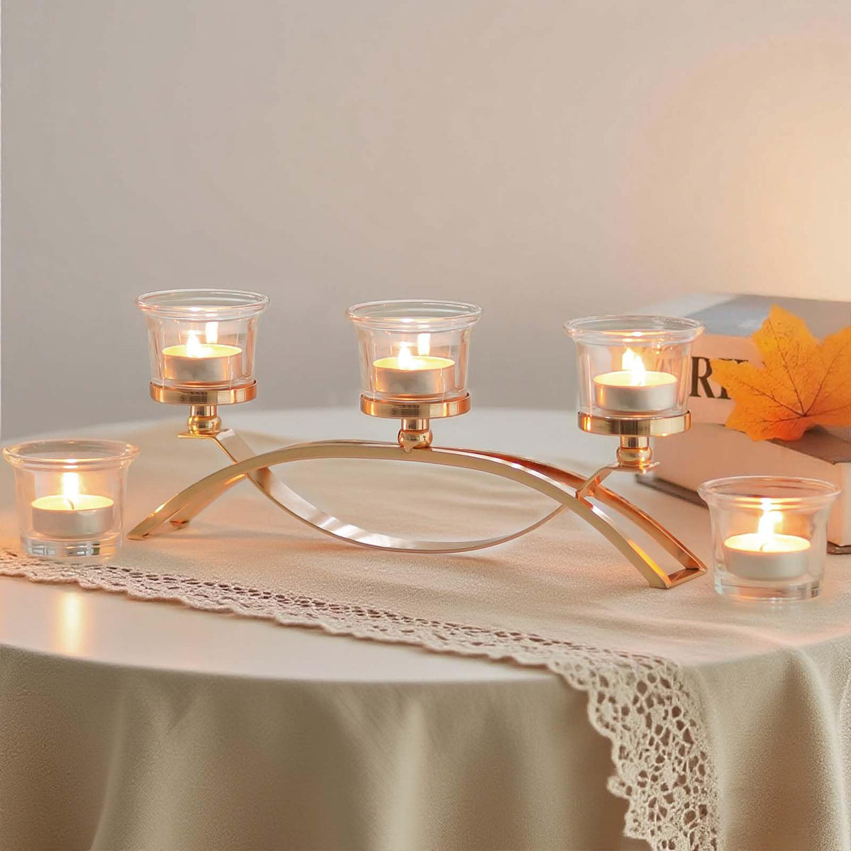 3-Arm Metal Tea Light Candle Holder Set with 5 Glass Cups, Votive Candle Holders Centerpiece Candelabra for Wedding Table Decor, Home Gatherings and Holidays (Gold, 5 Cups)