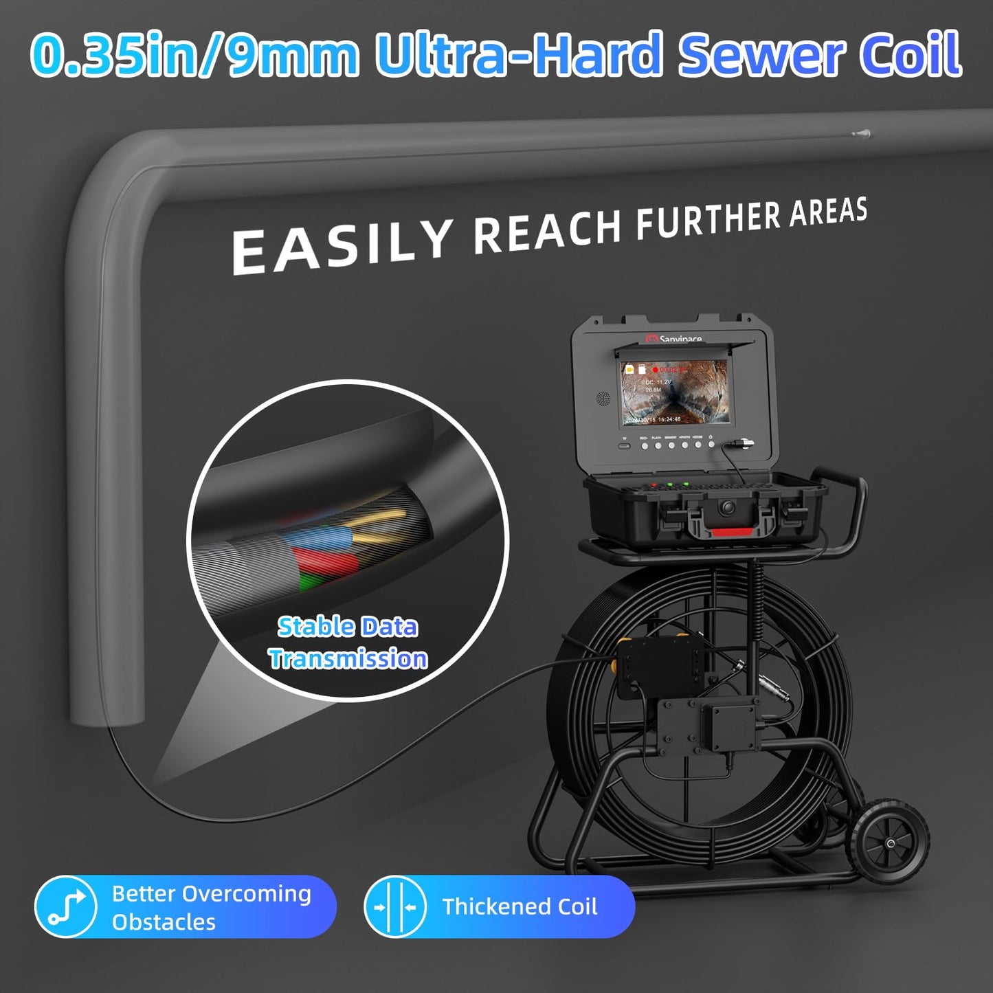 Sanyipace Sewer Camera 165FT/50M with 512Hz Transmitter, Self-Leveling, Drain Plumbing Pipe Inspection Camera with Mic Speaker, DVR Recorder, 16GB TF Card, 9mm Rigid Cable, Pipe Pulley Guide Wheel
