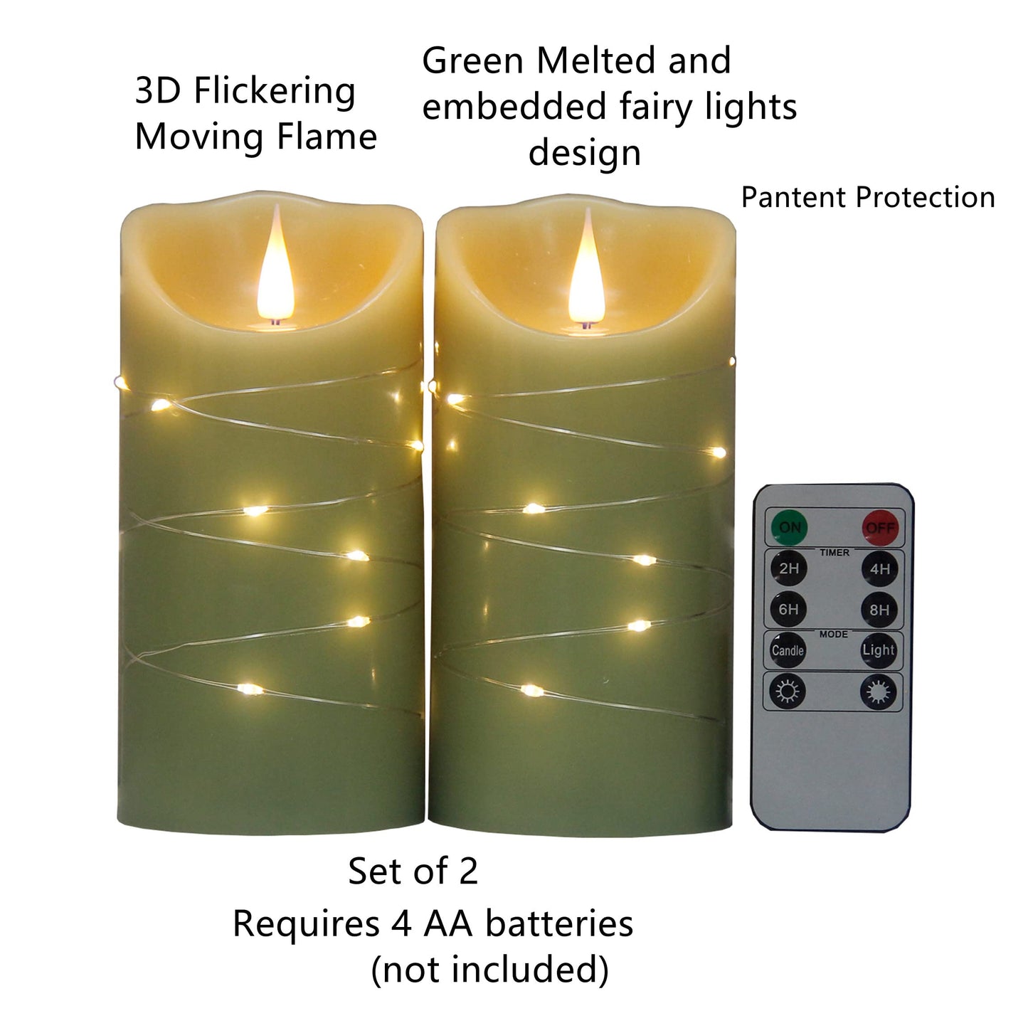 CFDECOR Flameless Candle with Timer,Battery Operated Flickering Led Candles with Remote,Realistic 3D Moving Flame Pillar Candles,Scalloped Edge,Real Wax Candles Set of 2 for Holiday,Home Decor(Green)