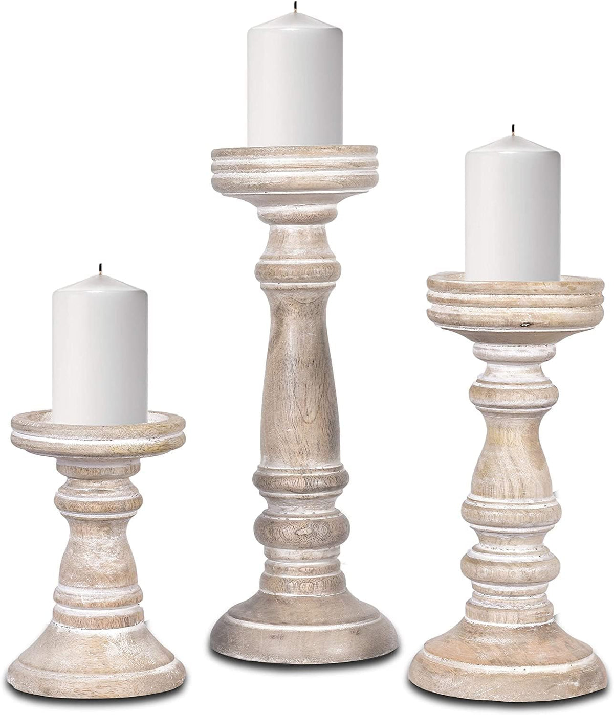 STORE INDYA Candle Holders for Pillar Candles (Set of 3) -Candle Holder Set - Rustic Wooden Candle Holders Pillar - Candle Stand for Table Centerpiece -6", 9", 12" (White)