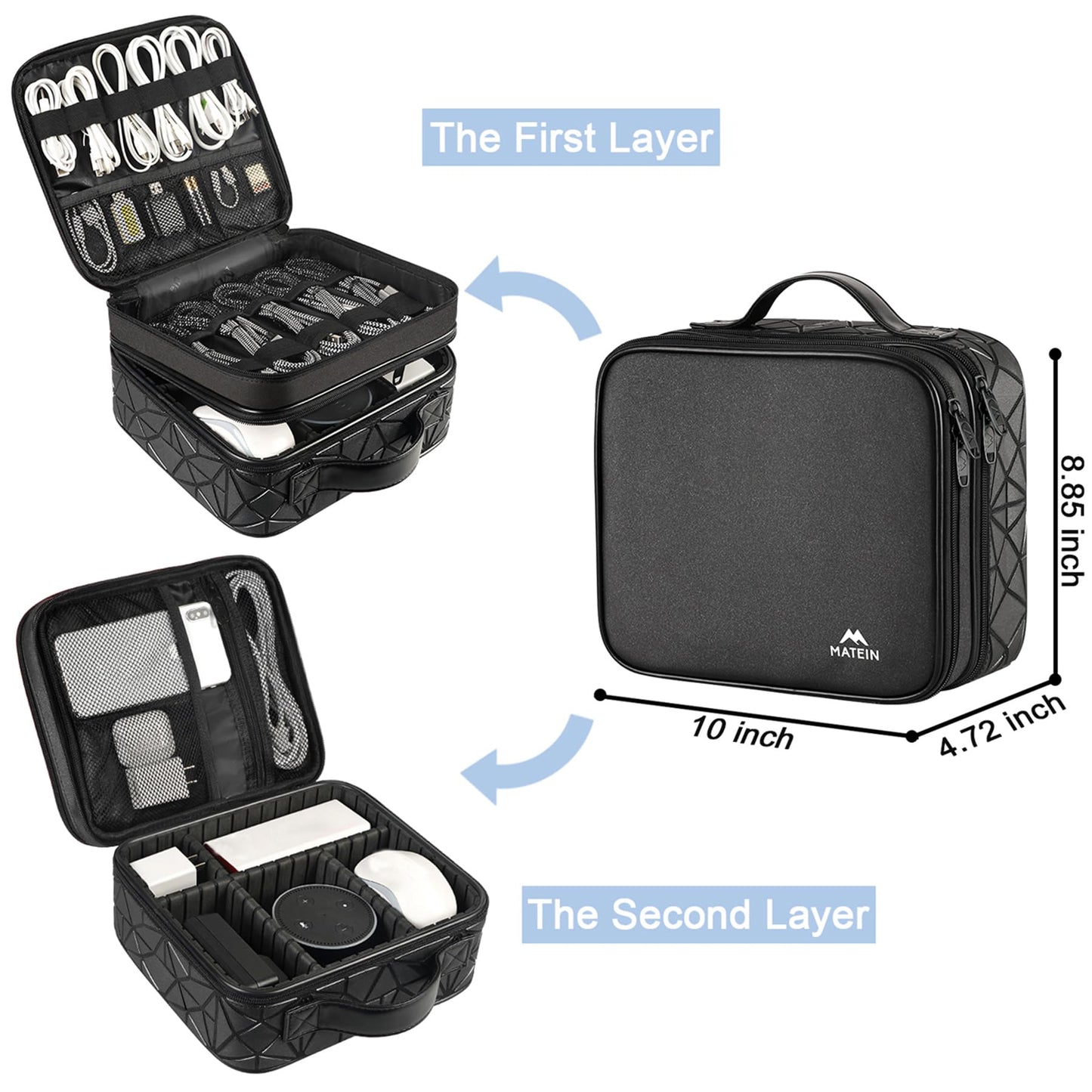 MATEIN Cable Organizer Bag, Waterproof Travel Electronic Storage with Adjustable Divider, Shockproof Portable Double Layer Tech Bag Carrying Case for Cord, Earbuds, Charger, SD Card, DJ Gifts, Black