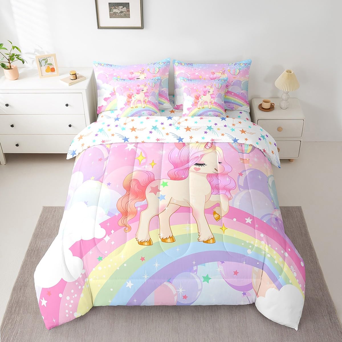 Feelyou Unicorn Girls Bed in a Bag Twin Rainbow Kids Pink Unicorn Comforter Set with Sheets Kawaii Cute Stars 7 Piece Bedding Set Teens Children Adults Cartoon Unicorn Room Decor All Season