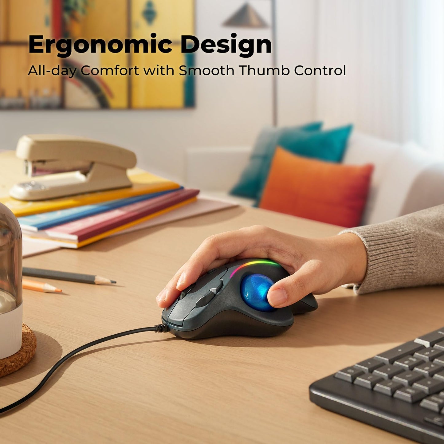 Wired Trackball Mouse with RGB Lighting, Ergonomic Thumb Control to Reduce Muscle Strain, 5 Adjustable DPI Settings, Dual USB-C & USB-A Connectivity, Compatible with PC, Laptop, Mac, Windows-Blue