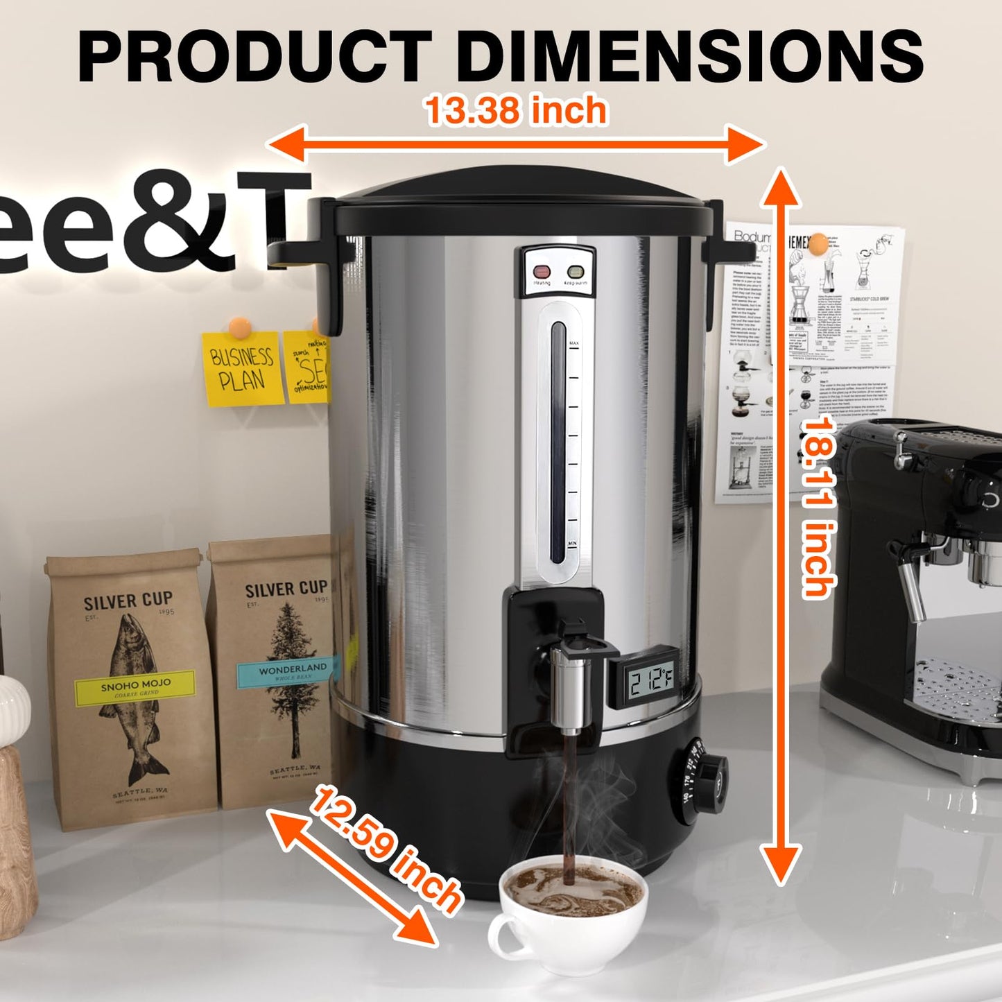 Nalison Commercial Coffee Urn, 110-Cup 16L Fast Brew Stainless Steel Hot Beverage Dispenser with Thermometer-Electric Hot Water Urn for Wedding, Party, Catering Events with Easy Cleaning(Double Wall)