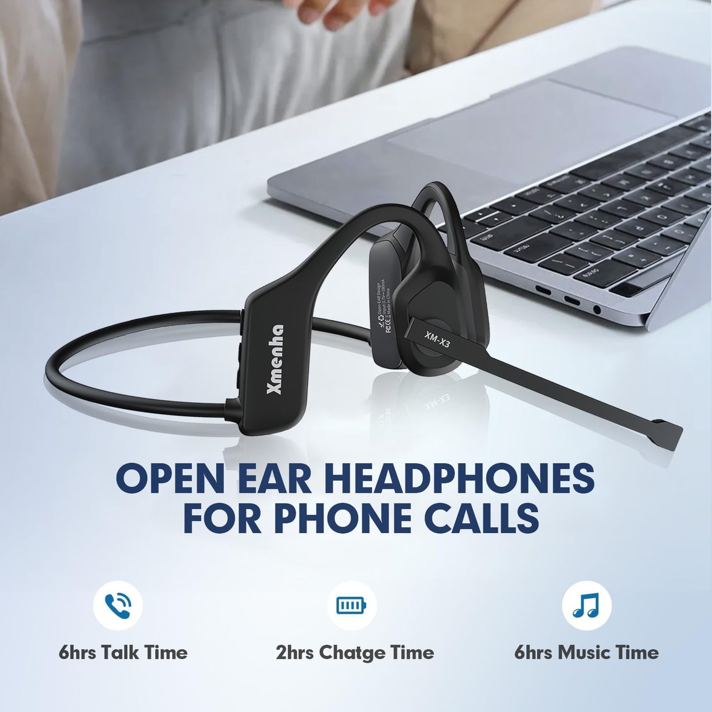 Bluetooth Phone Headset Wireless Bluetooth with Noise Cancelling Microphone, Open Ear Air Conduction Bluetooth Headphones with Mic for Work, PC, Laptop, Truckers, Cell Phone, Truck Drivers,Sports