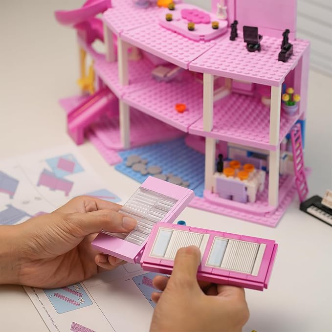 ENJBRICK Pink Music Villa with Spiral Slide 656Pcs Pop Star House Building Toy w/Piano & Microphone 3-Story Friends Cottage Compatible with Lego Birthday for Girls 8-12