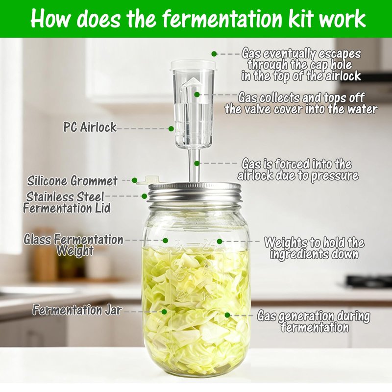 32 oz Mason Jar Fermentation Kit, 2 Pack Fermentation Jars, Fermentation Lids, Fermenting Weights and Airlocks, Complete Fermenting Kit for Making and Storing Sauerkraut(Pack of 2)