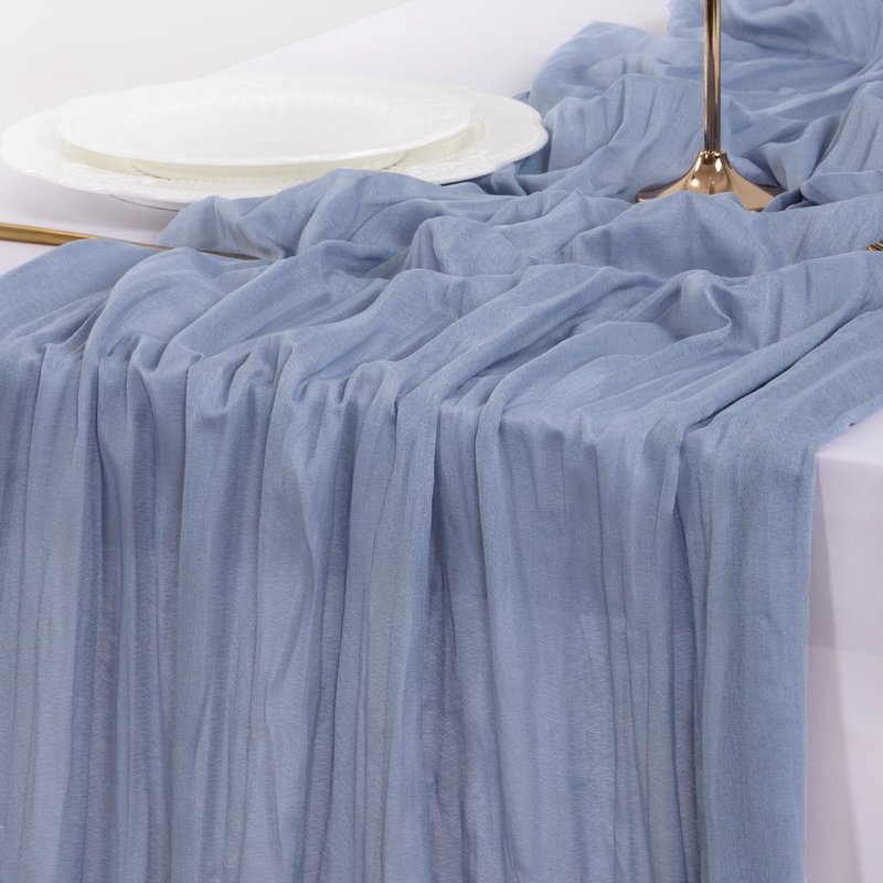 Socomi 3pcs Dusty Blue Summer Cheesecloth Table Runner Boho Rustic Gauze 120 inch 10FT Cheese Cloth Sheer Runner for Wedding Party Baby Shower Birthday Home Decor Holiday Decorations