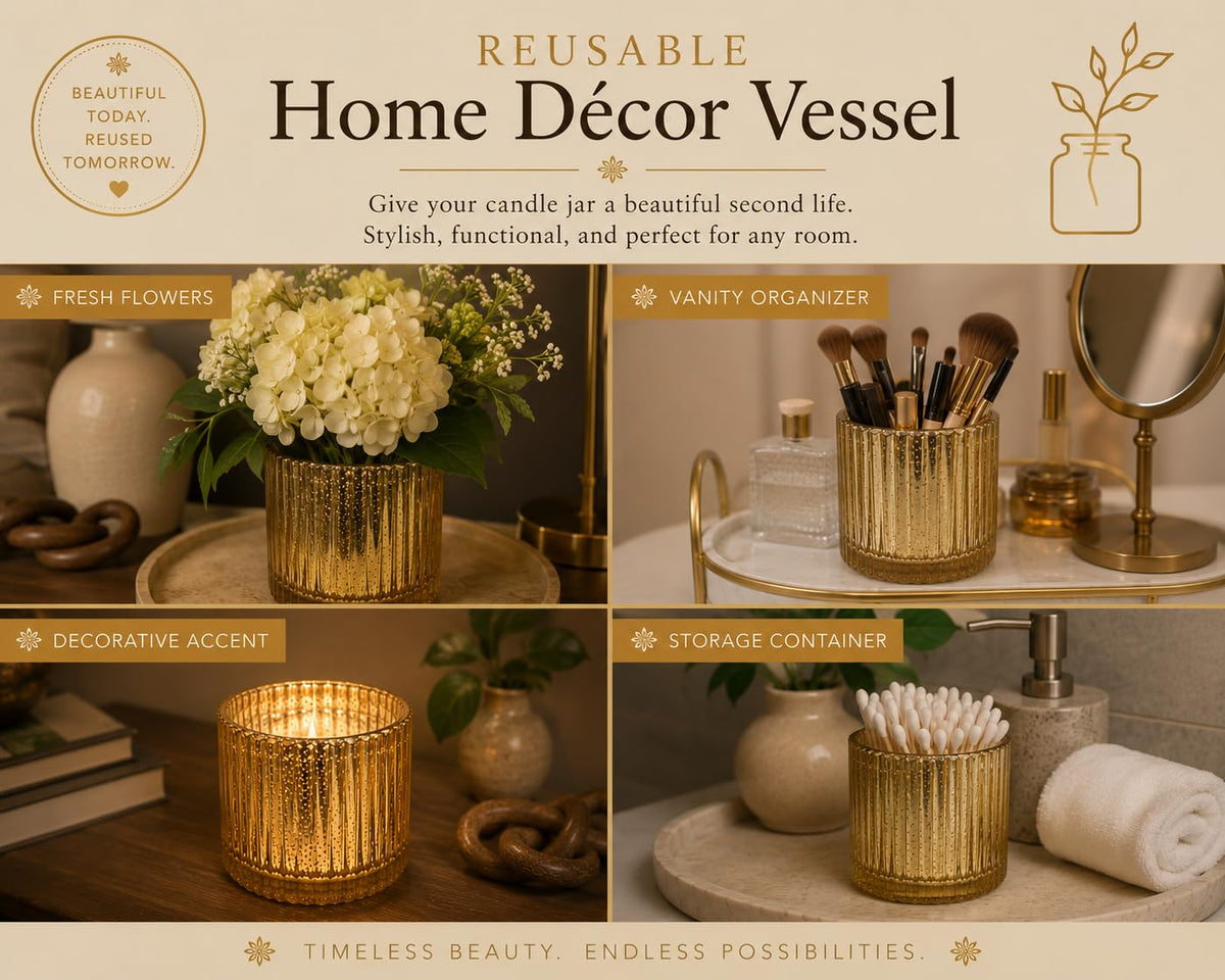 Vanilla Scented Candle, 12 oz Triple Wick in Gold Mercury Glass Jar, Warm Vanilla Fragrance, Decorative Home Candle, Reusable Luxury Glass Container, Luxury Breeze