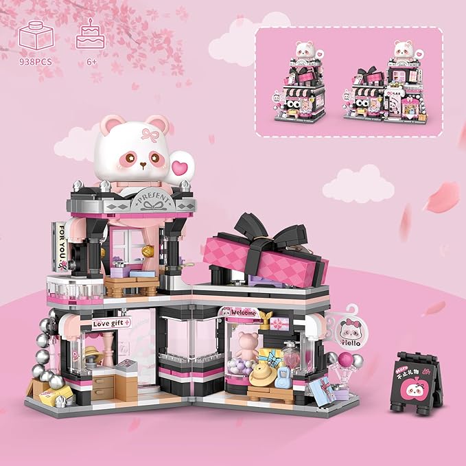 Street View Gift Shop Mini Building Blocks MOC Creative Building Toys Cute Panda Animals Building Set for Girls 6-12 Simulation Architecture Construction Toy Gift Idea for Kids Adults (938 PCS)