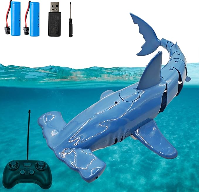 Remote Control Shark for Pool|1:18 RC Shark & Dual Motors|One-Touch Dive to 5 ft|LED 2.4GHz Waterproof RC Submarine Hammerhead Shark Toy| Pool Party Gifts for Boys Ages 6-12(Cyan 2 Batteries)