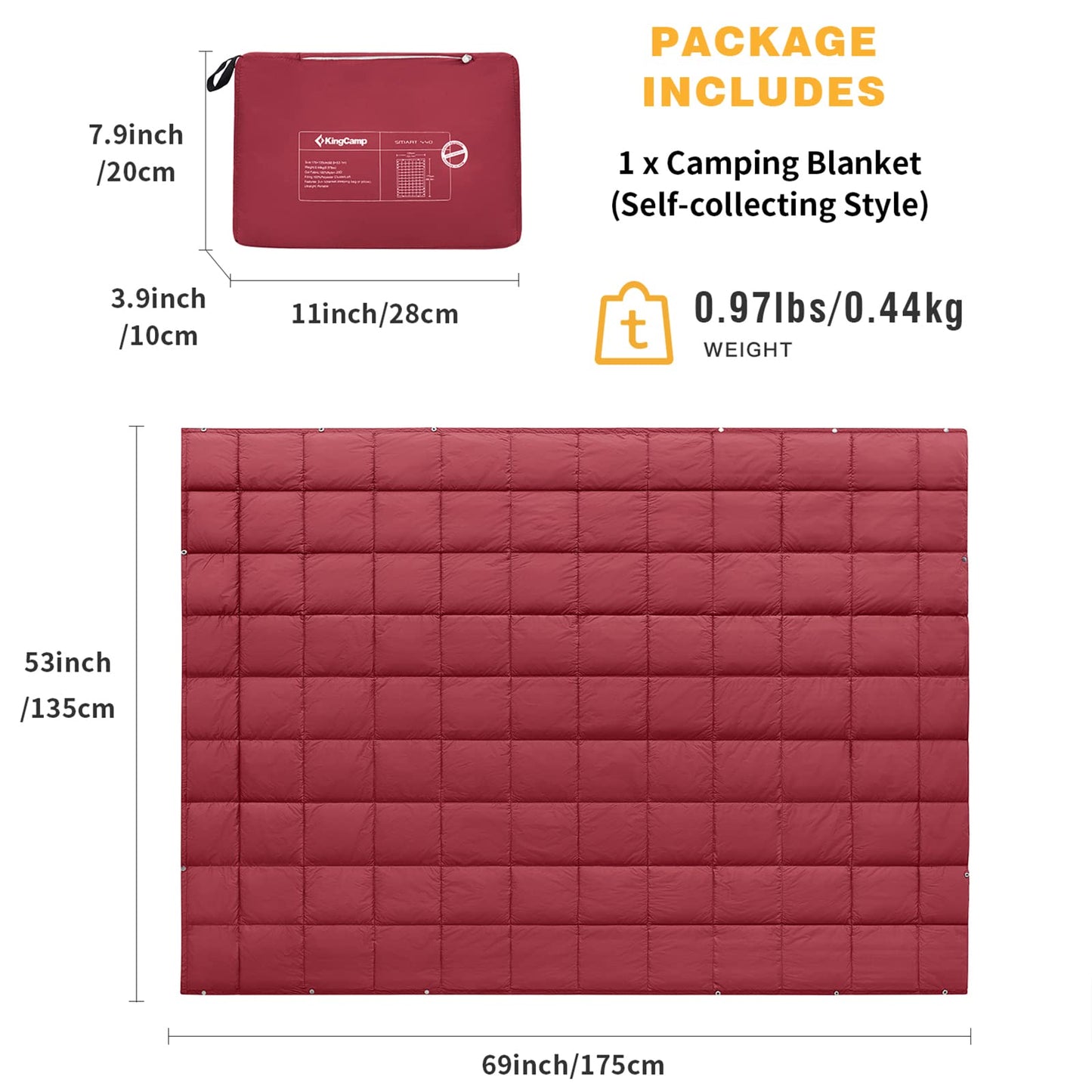 KingCamp Ultralight Camping Blanket, Packable Down Alternative Puffy Wearable Blankets Weatherproof Warm Package Quilt with Snap Buttons for Outdoor Hiking Travel Picnic Stadium (69"L x 53"W CRIMSON)