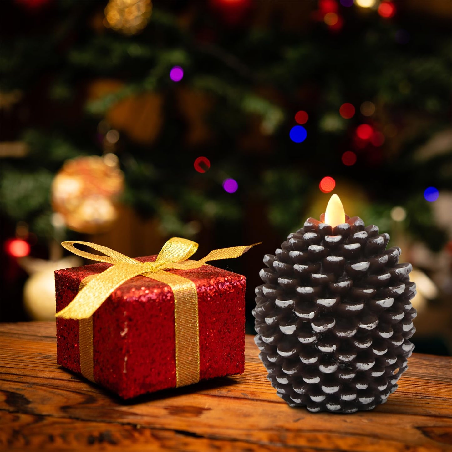 Wondise Flameless Candles with 6H Timer, Battery Operated Flickering Wick Real Wax Pine Cone Candles for Holiday Indoor Decoration, Set of 2, Brown(D3.5 x H4.7 Inch)