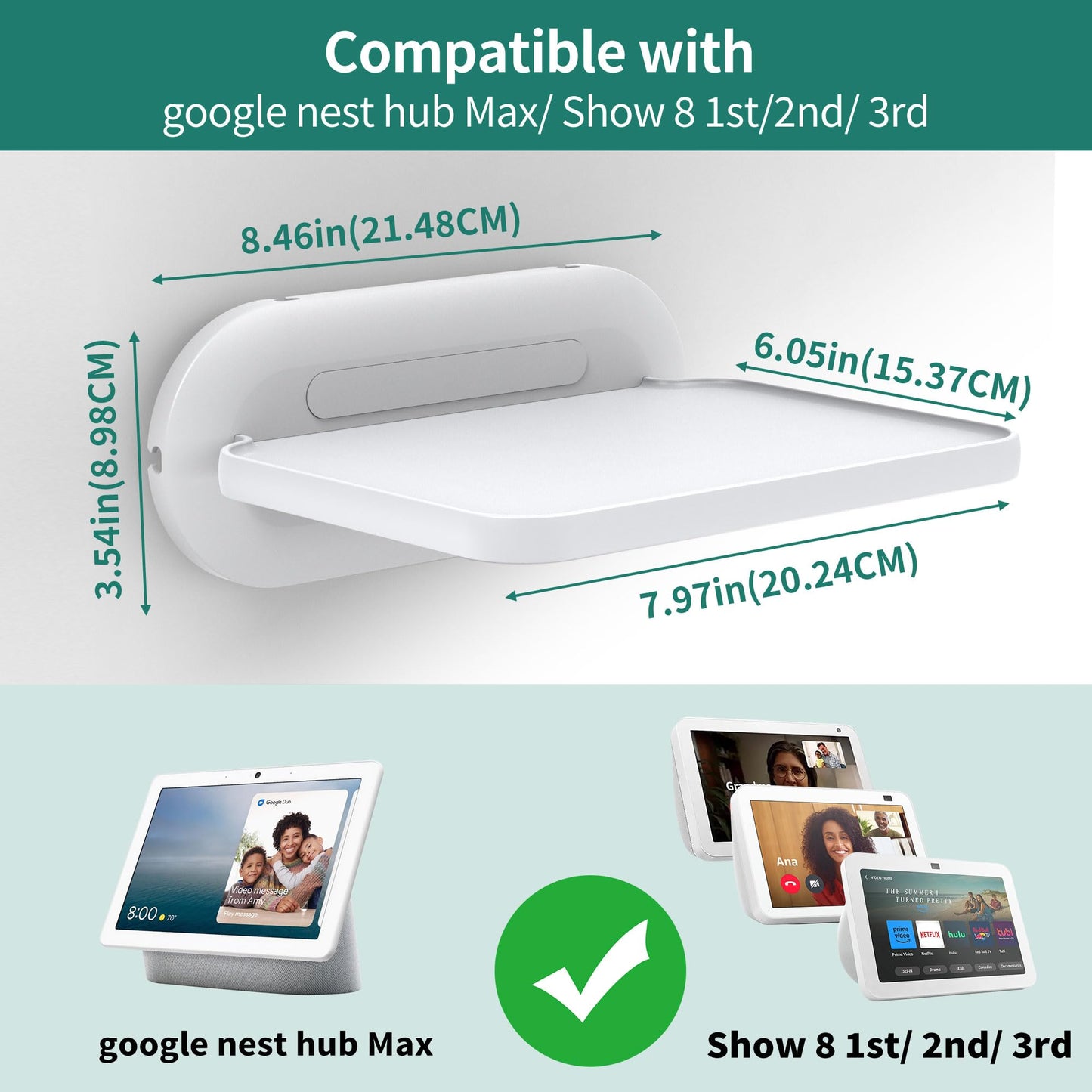 HomeMount Echo Show 8 Wall Mount - Space Saving Smart Home Holder Compatible with Google Nest Hub Max & Portable Speakers & Show8 (1st & 2nd Gen, 2019 & 2021 & 2023 Release) White