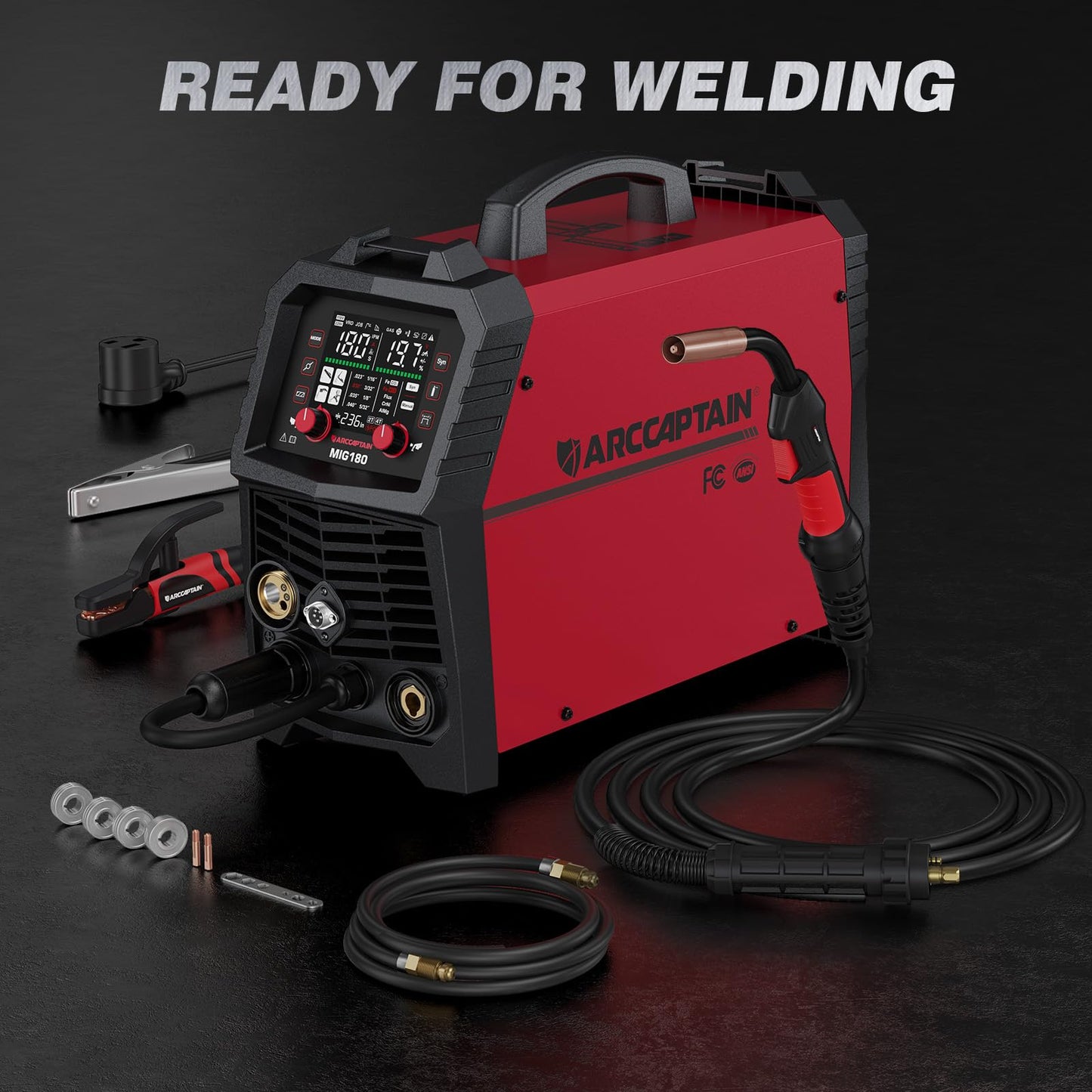 ARCCAPTAIN 180A MIG Welder 110V 220V, Large Dual Color LED Display 6-in-1 Gas MIG/Flux Core MIG/Stick/Lift TIG/Spot Welding/Spool Gun Aluminum Welding Machine with Synergy Control, 2T/4T