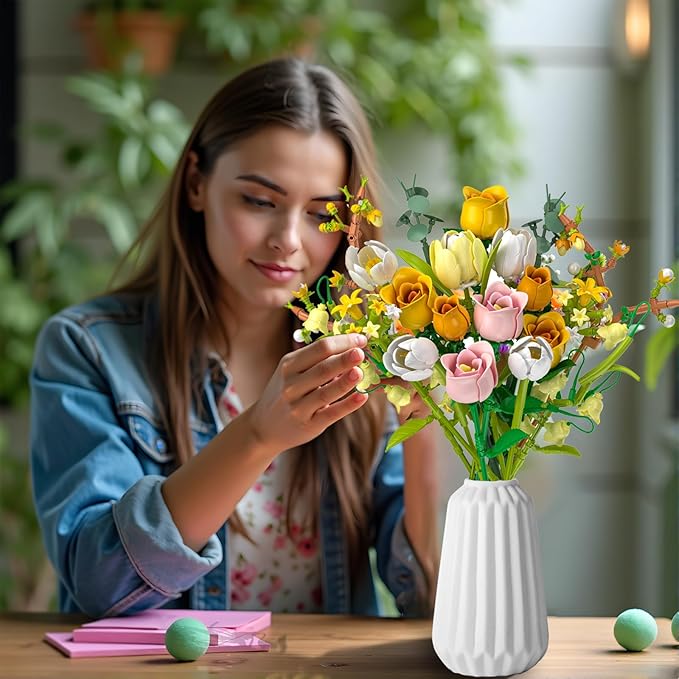 Tulip Rose Flowers Bouquet Building Set - Valentines Gifts Compatible with Lego Flowers Botanical Collection - Christmas Mother's Day & Valentine's Gifts for Women & Girls Home Decor