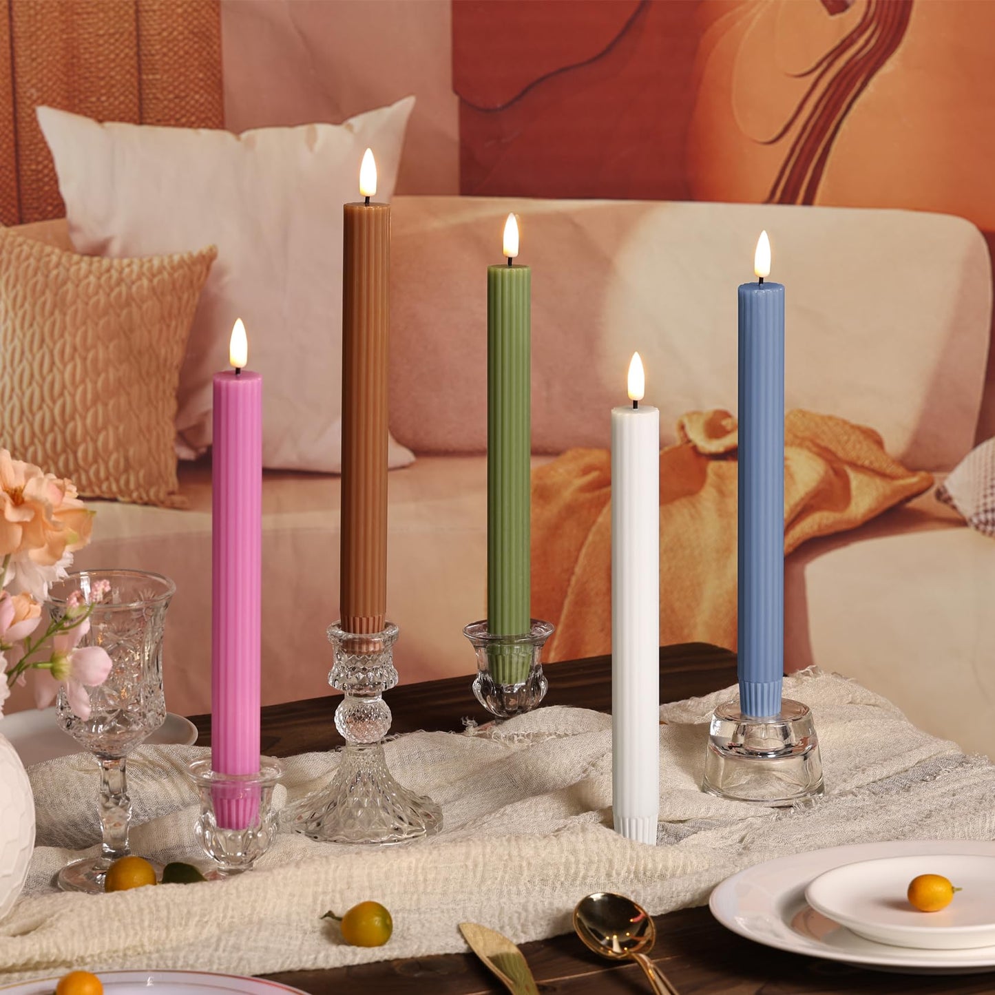 Girimax White Ribbed Fluted Flameless Taper Candles with Remote, Flickering Battery LED Wax Candlesticks Wedding Home Decor Set of 4