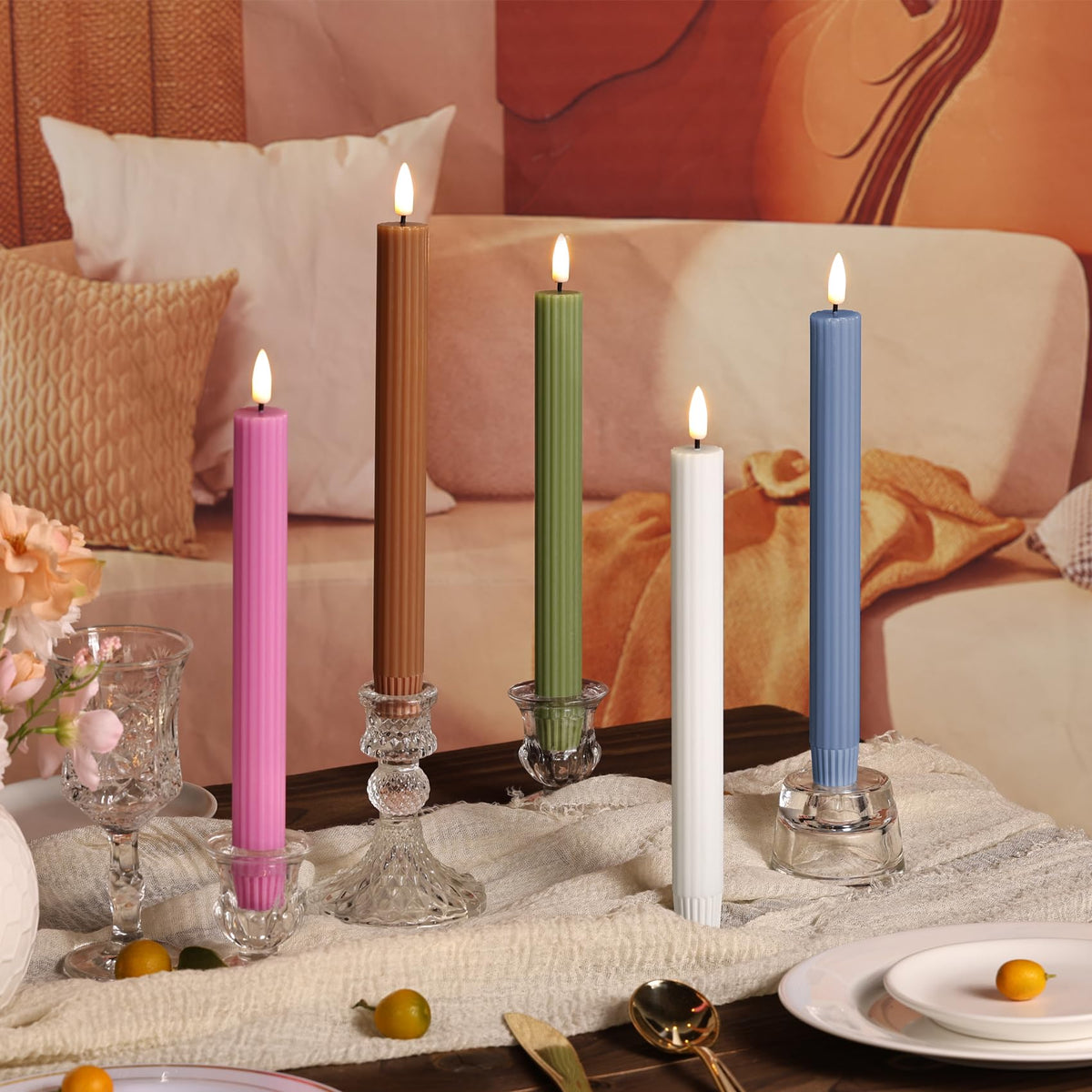 Girimax Hot Pink Ribbed Fluted Flameless Taper Candles with Remote, Flickering Battery LED Wax Candlesticks Wedding Home Decor Set of 4