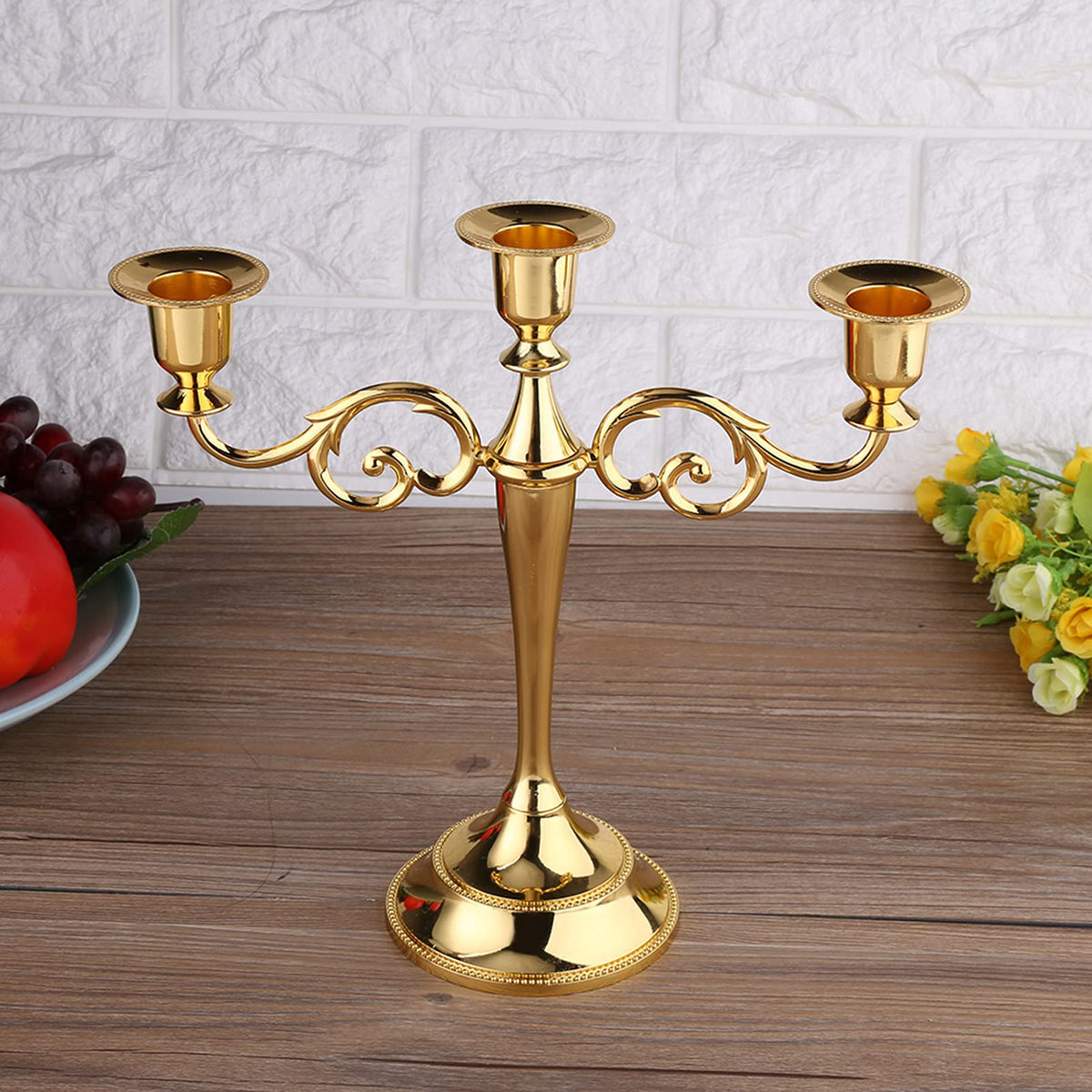 Dioche 3 Arm CandMetal Candelabra for Weddings & Home Decor | Sturdy Design, Silver Finish | Perfect Loved Ones (Gold)