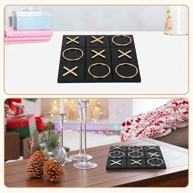 Tic Tac Toe Decor 10 x 10 Inch Wooden Black Wood Board with Gold/Silver X and O Pieces Modern Minimalist Coffee Table Decor for Living Room Office and Bookshelf Display (Gold)