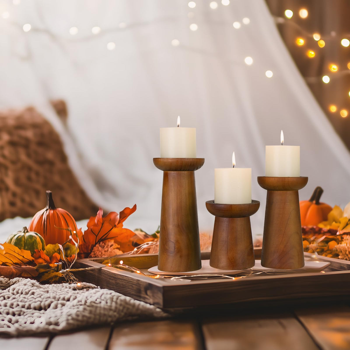 Pillar Candle Holders Set of 3, Wooden Candle Holders, Decorative Wood Candlestick Holders for Living Room, Table Centerpiece for Wedding, Christmas, Party, Home - 4", 6", 8"