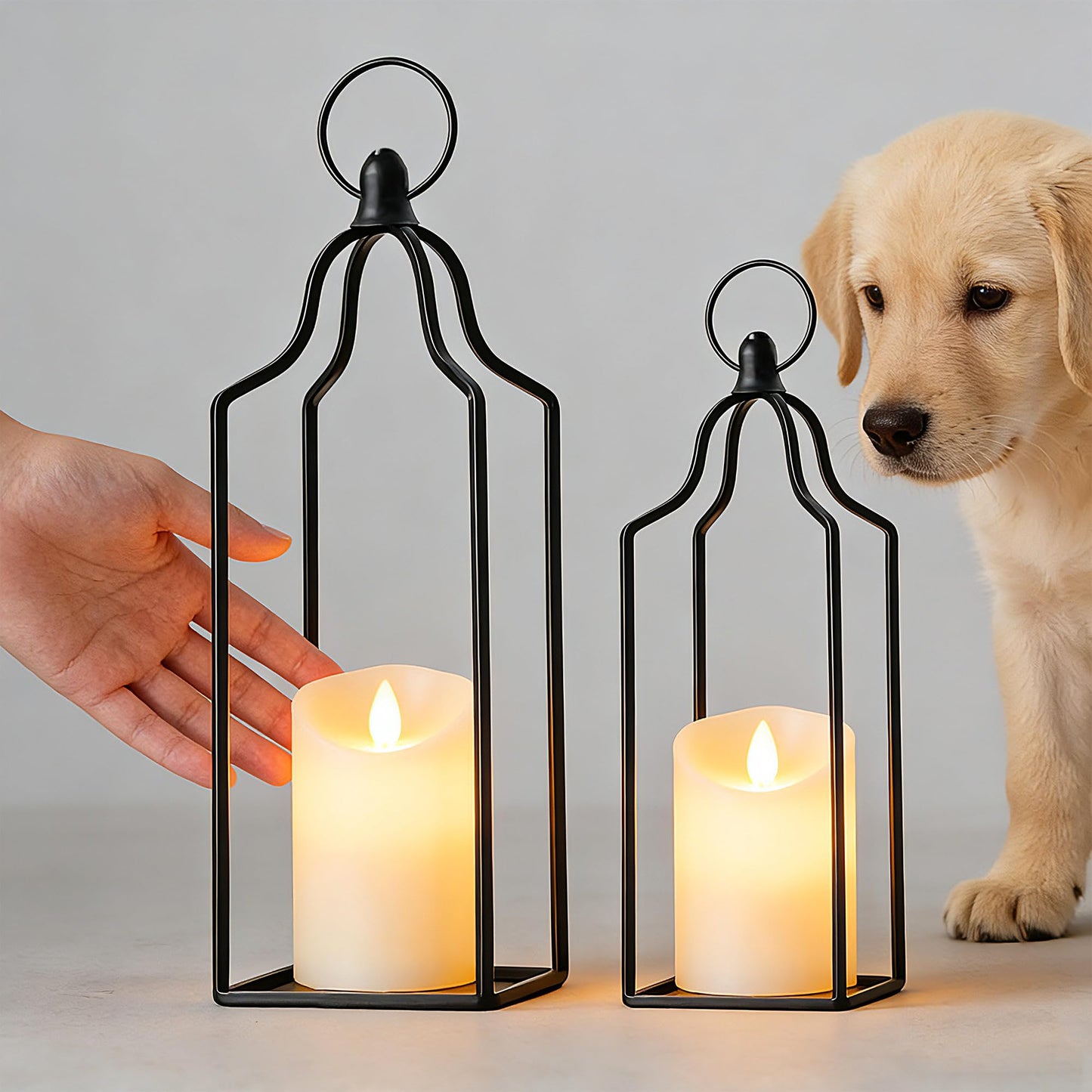 Rustic Farmhouse Decor Metal Lantern Set of 2 Decorative Lanterns for Home Indoor Outdoor Living Room, Fireplace, Patio, Wedding & Kitchen Table Centerpieces (Black, 14.5" 12.2")