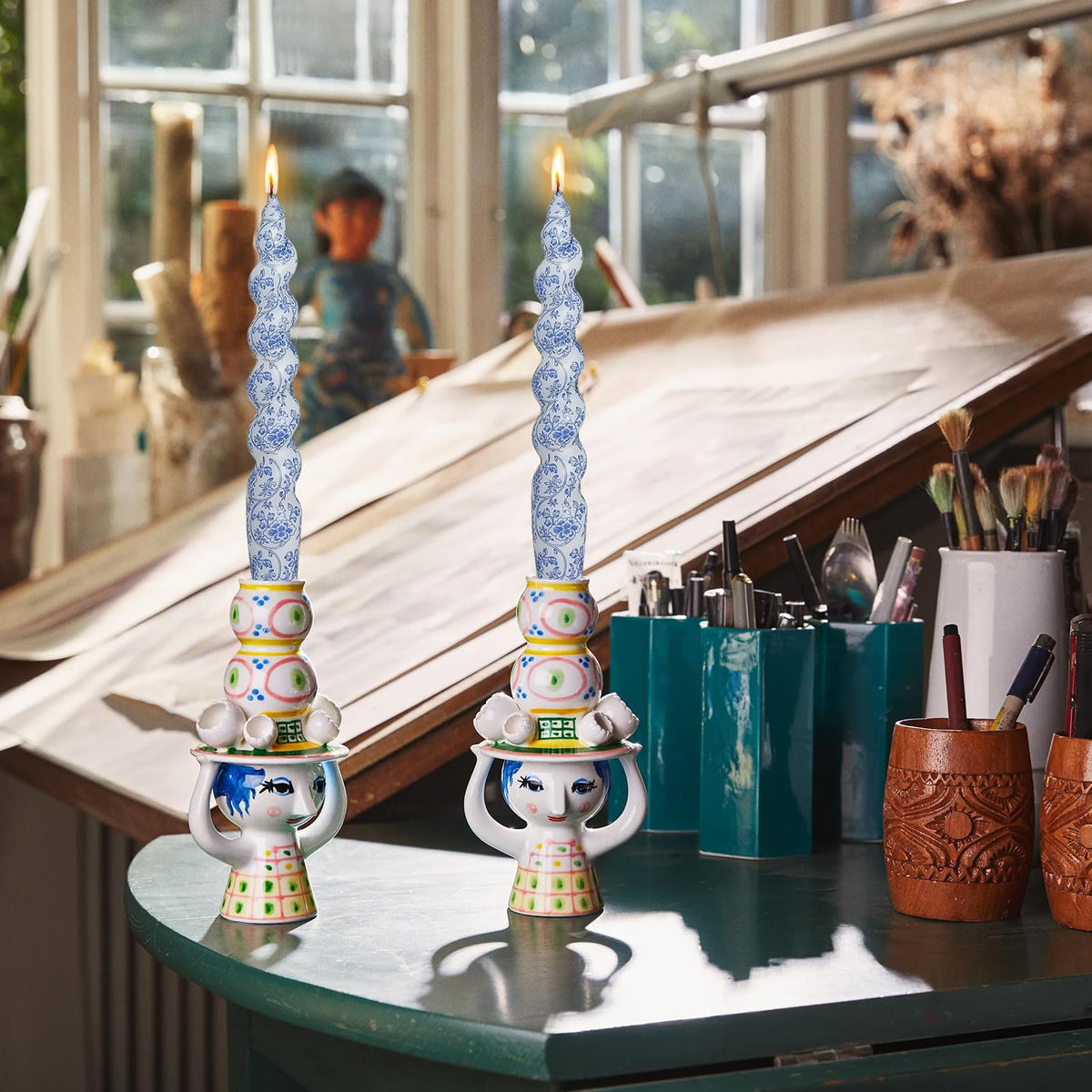 Unscented Floral Taper Candle Spiral Candlesticks - Set of 4 Handmade Blue Flower Twisted Candle 7.5 Inch Short Print Tapered Candles for Home Wedding Dinner Gifts