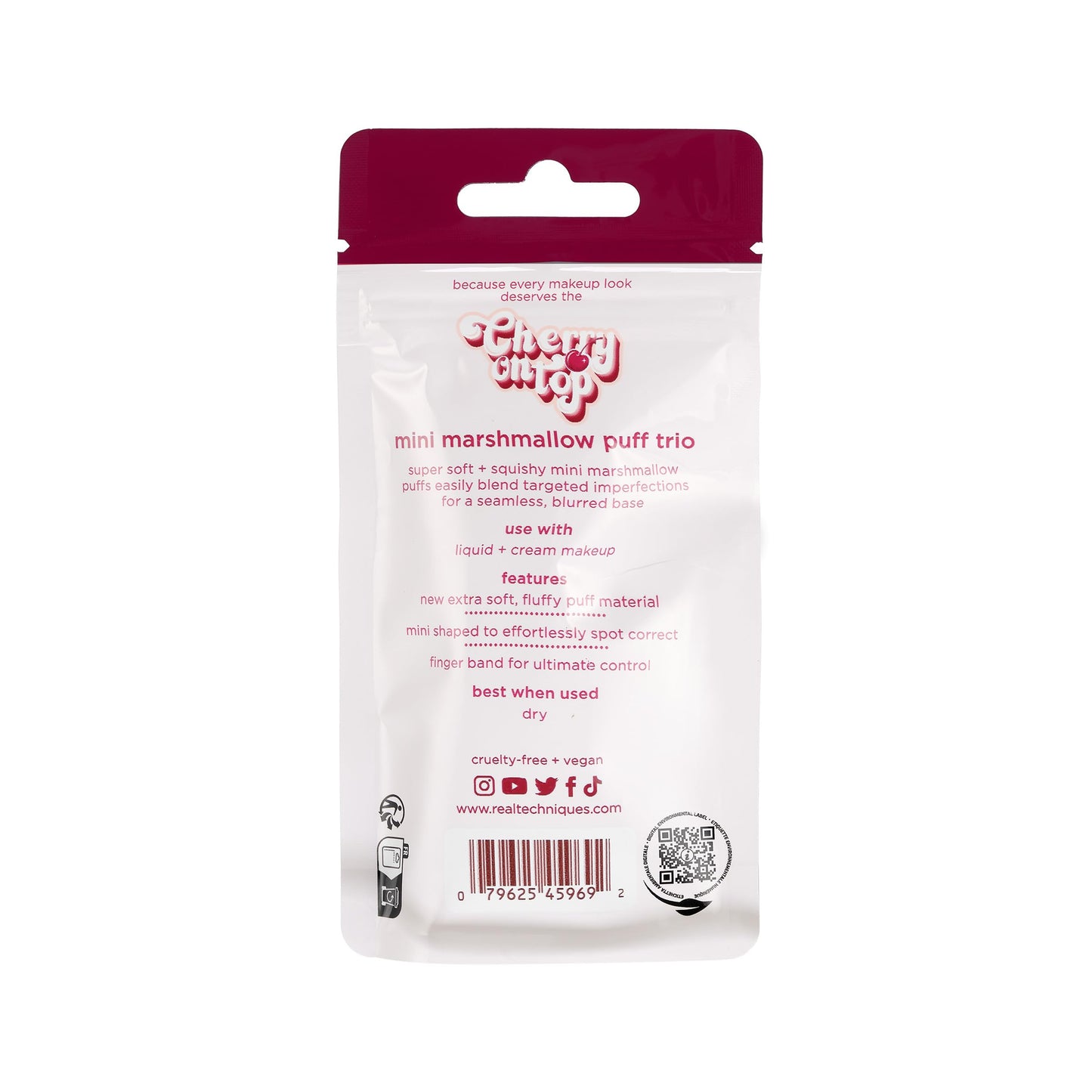 Real Techniques Cherry On Top Mini Marshmallow Puff Trio, Mini Makeup Puffs For Concealer & Foundation, Spot Correcting & Blending, Dry Use Beauty Sponge, Travel Size, Vegan & Cruelty-Free, 3 Count