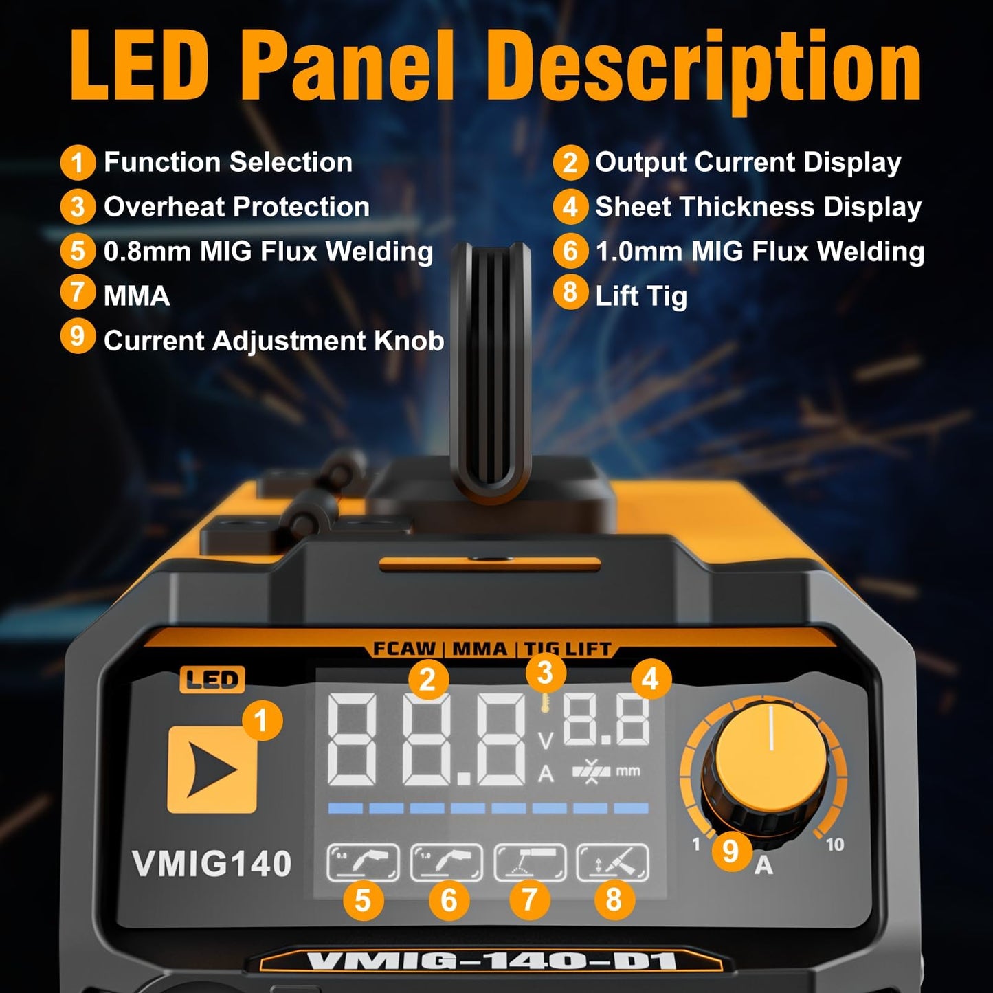 VIGRUE 140A MIG Welder, 110V Flux Core/Stick/Lift MIG 3 in 1 Welding Machine with Large Digital Screen Display & Welding Mask & Gloves