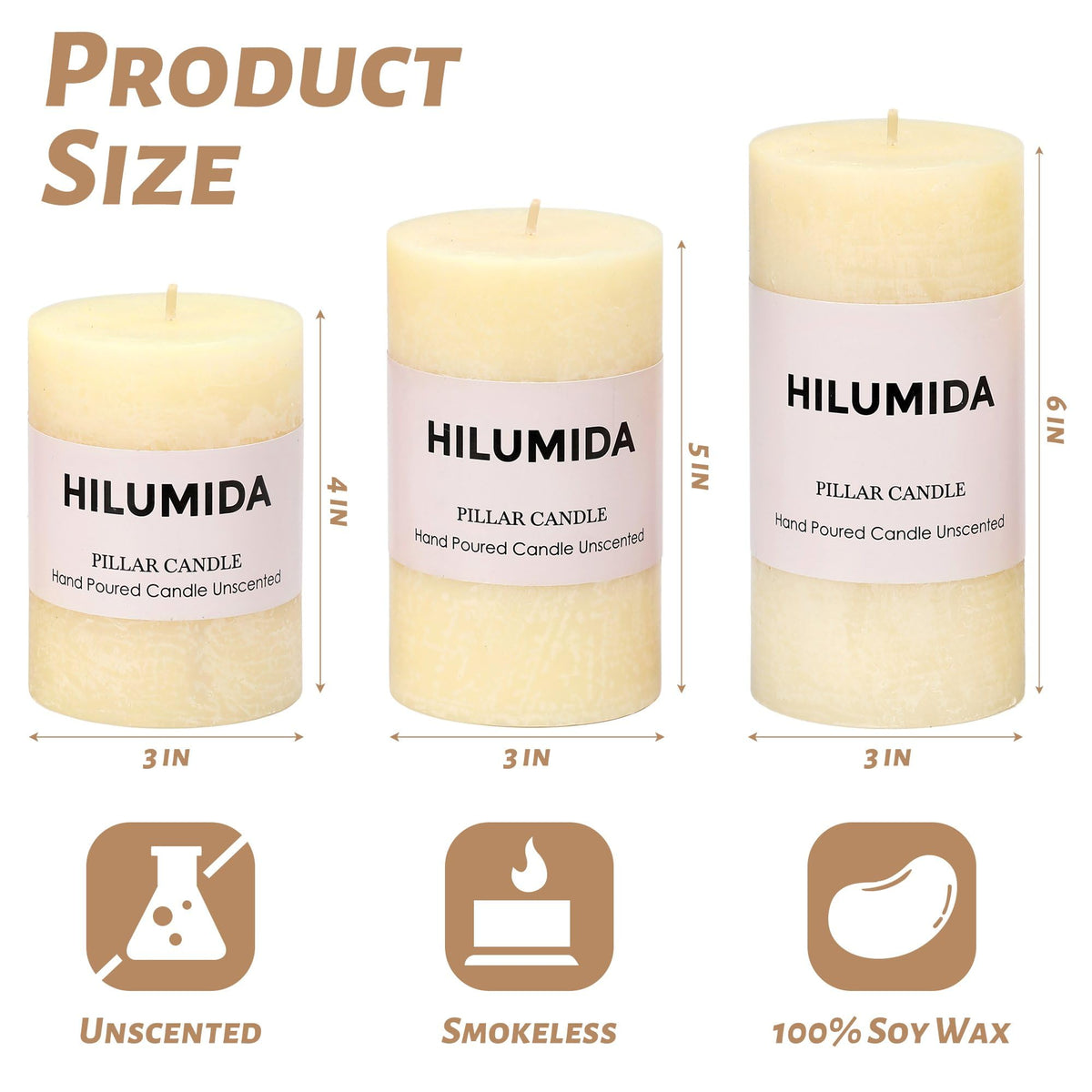 Ivory Pillar Candles Set of 3 - Hand-Poured Unscented Candles,Smokeless Dripless Candles for Dinner Table and Home, Set of 3 in Different Sizes (3"x4", 3"x5", 3"x6")