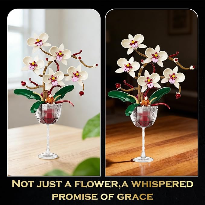 White Orchid Flower Building Set with Long Stem Wine Glass for Adults Compatible with Lego Botanical Flowers 512pcs Ideas Collection Toys for Home and Office Decor Gifts for Christmas Mother's Day