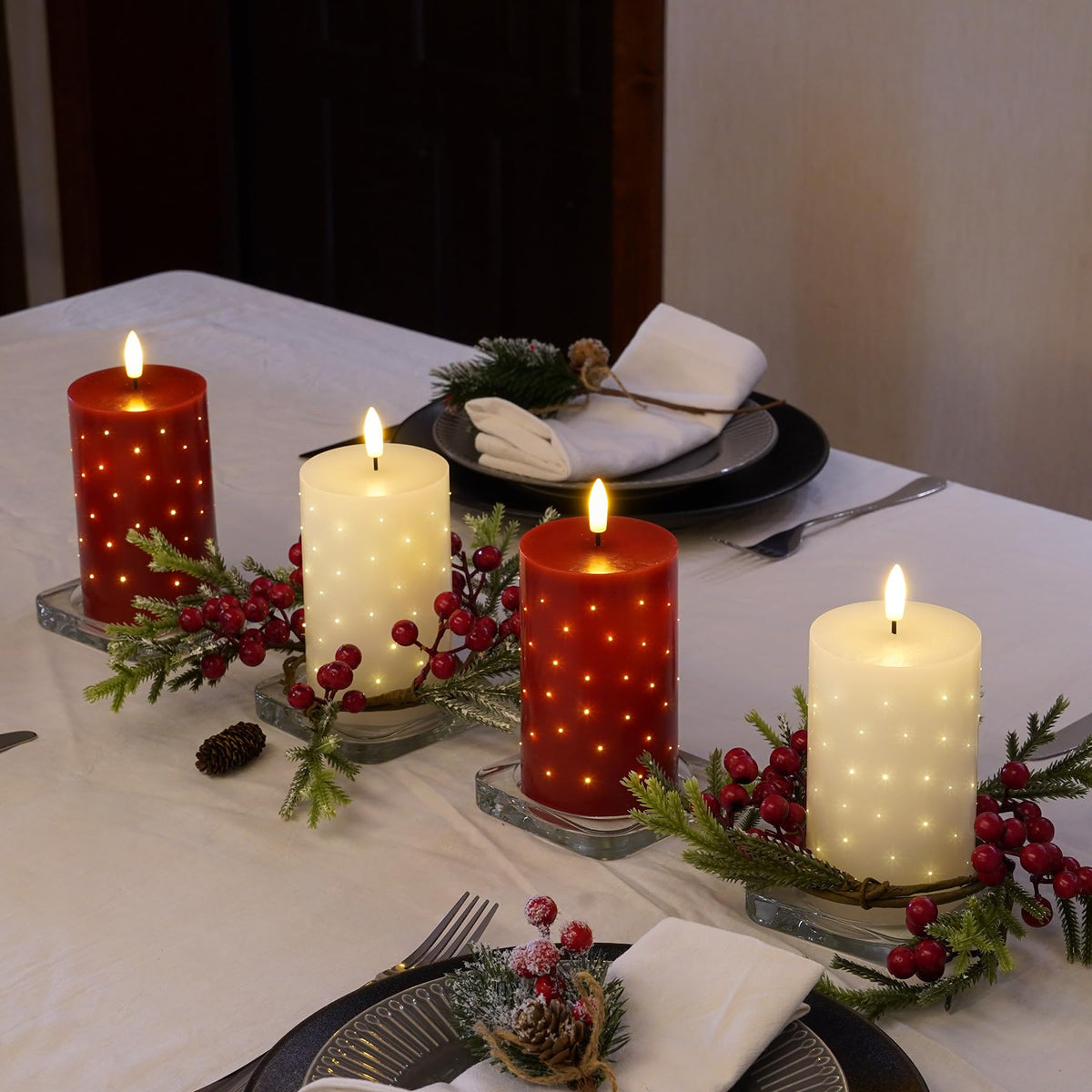 Rhytsing 5 inches White Real Wax LED Candles with Twinkle Fiber Optic Lights, Battery Operated Decorative Candles for Christmas Table Centerpieces, Batteries and Remote Included - Set of 2