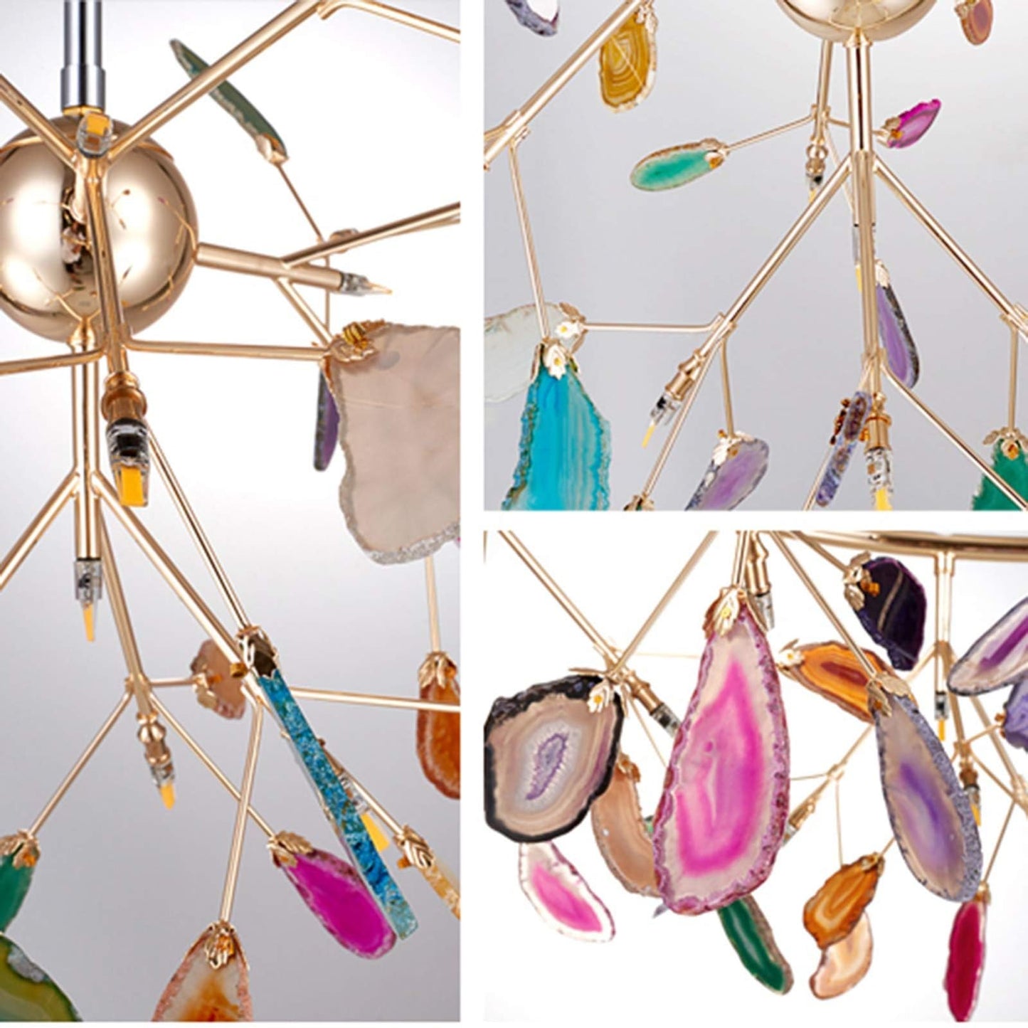ZYBB Agate Firefly Chandelier Dining Room,Blue G4 Elegant Flush Mount Long Ceiling Light Fixture,24 Light Creativity Colorful Agate Stone During Light-Gold and Colored Agates