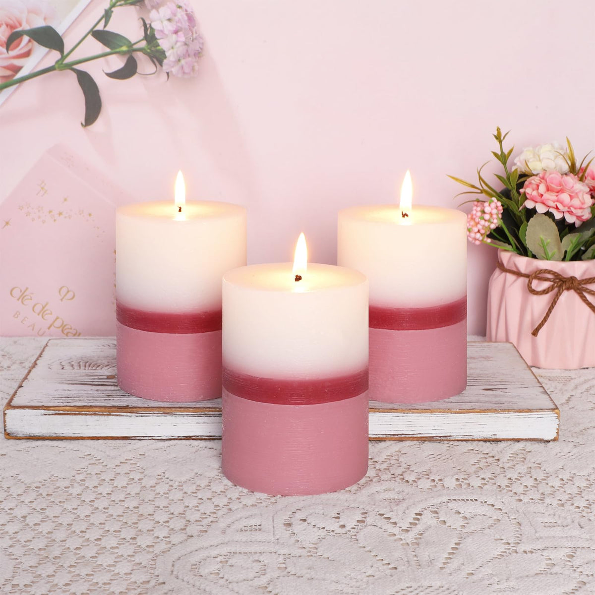 Cafemoon Floral Scented Pillar Candles Set of 3, 3x4 Inch Rustic Rough Texture Handmade Aromatherapy Candles, 35+ Hours Long Lasting Smokeless & Dripless for Home Decor Wedding Birthday Gift
