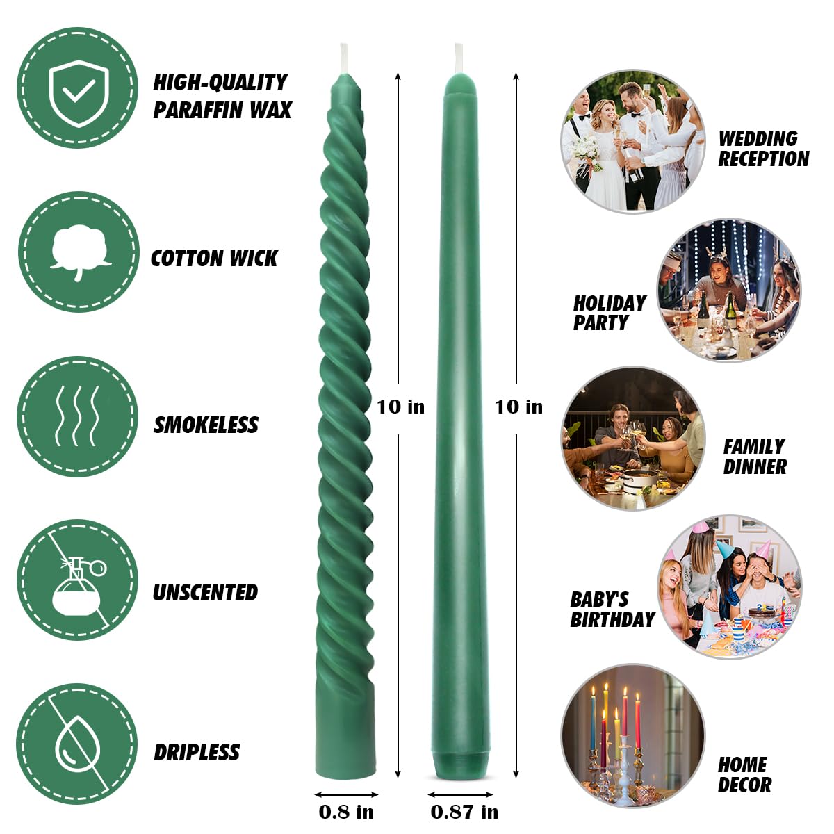 6 Pack Hunter-Green Taper Candles and 6 Pack Spiral Candles Set, 10 Inch Elegant Dripless Unscented Candlesticks for Spring St. Patrick's Day Christmas Dinners Parties and Home Decor