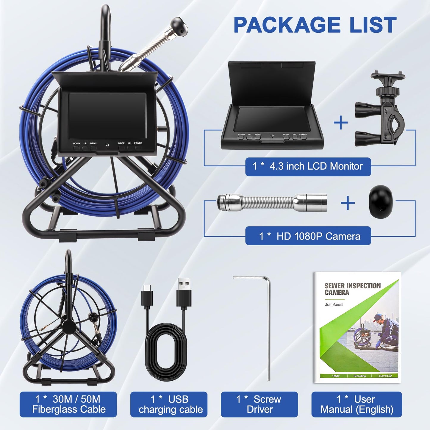Sewer Camera w/DVR Function, 4.3" HD 1080P Screen Pipeline Inspection Camera, IP68 Waterproof Pipe Plumbing Snake Cam with 32GB Card, for Sewer Line, Home, Duct Drain Pipe Plumbing (50M/165FT)
