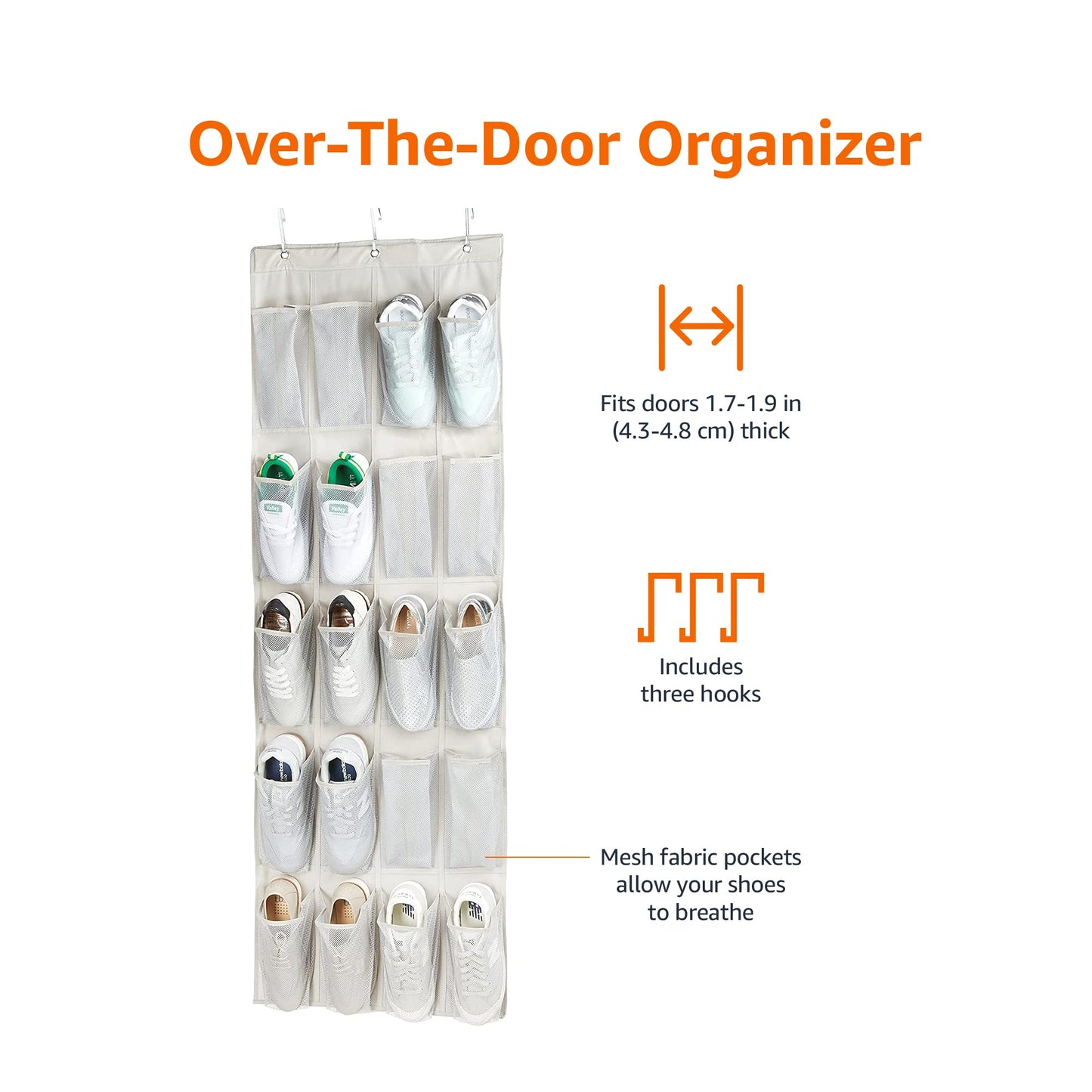 Amazon Basics 20 Large Pocket Over-the-Door Hanging Shoe Organizer, Grayish Tan