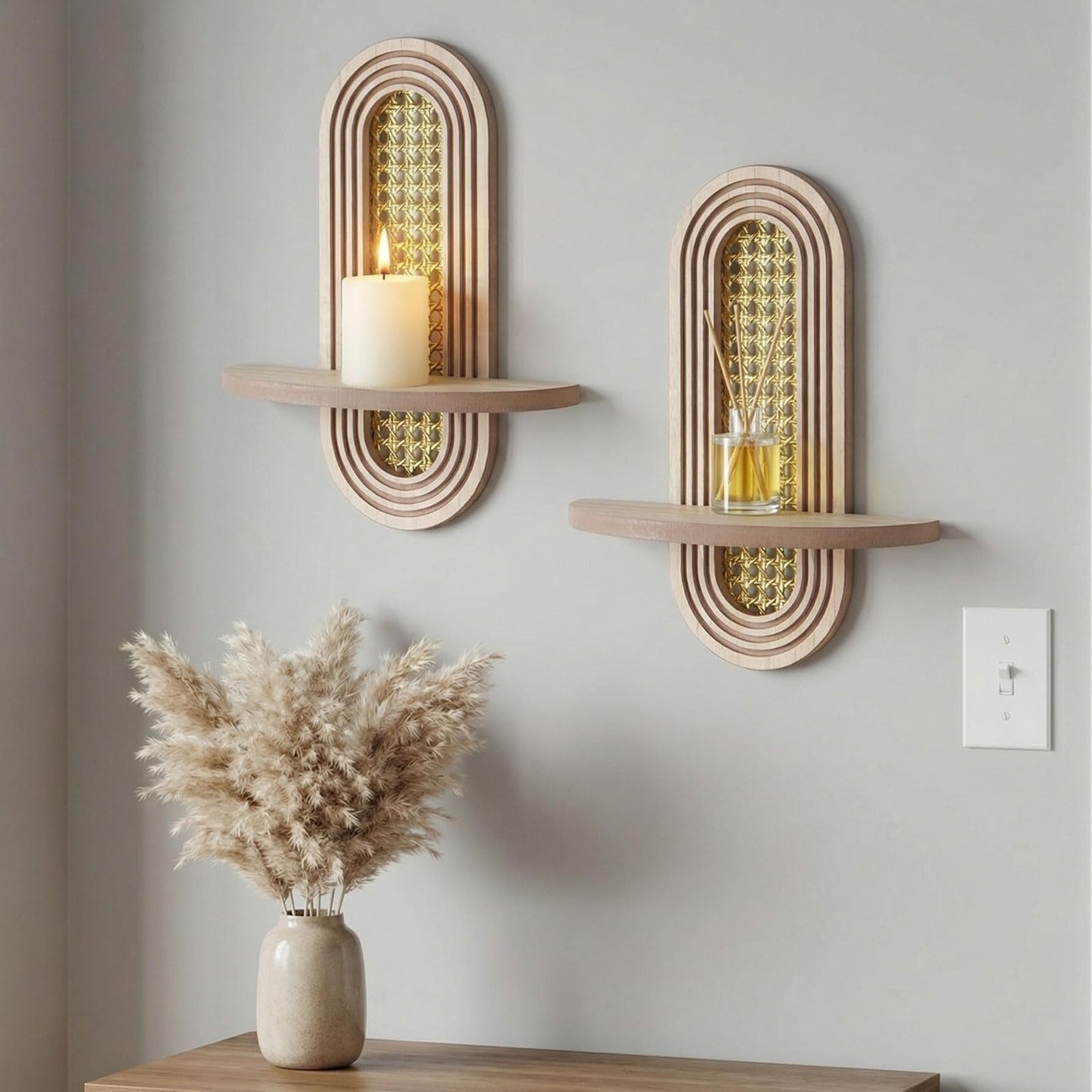 Wall Candle Holder Sconce, Set of 2 Wooden Wall Mounted Candle Holder with Arched Shelf and Gold Metal Vine Detail, Decorative Wall Sconce for Pillar Candles, Living Room Bedroom Entryway Decor