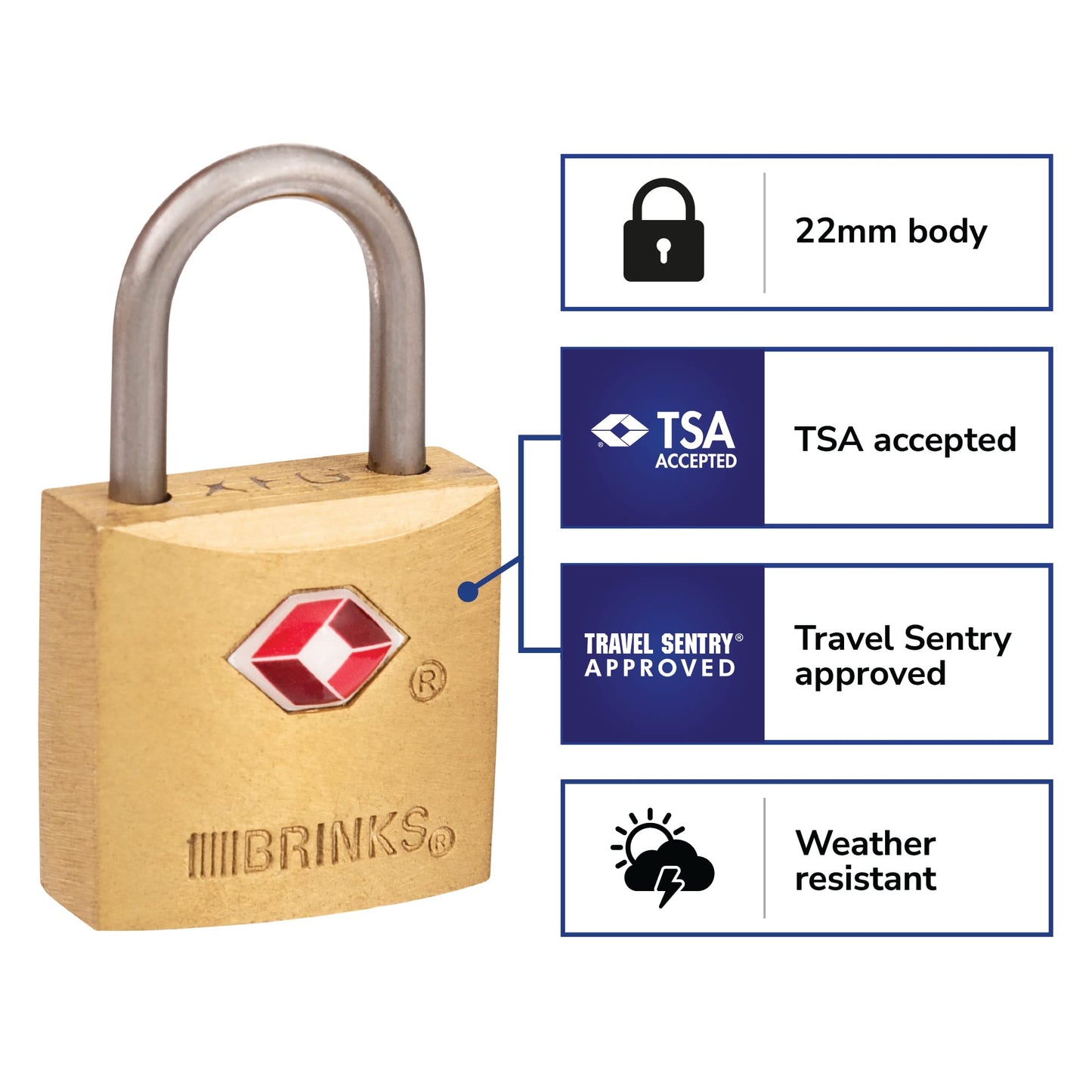 BRINKS TSA Approved Padlock, 22mm Solid Brass, Chrome-Plated with Hardened Steel Shackle, TSA Locks for Luggage, 4-Pack