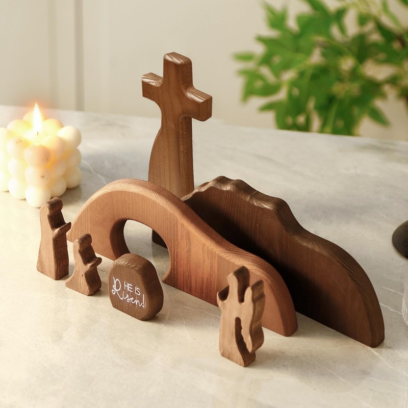 FARGEPENN Wooden Nativity Set, The Empty Tomb Easter Scene, Christian Cross Decorations, Decorations Religious Jesus Tomb Easter Kit Display for The Home, Tabletop, Office