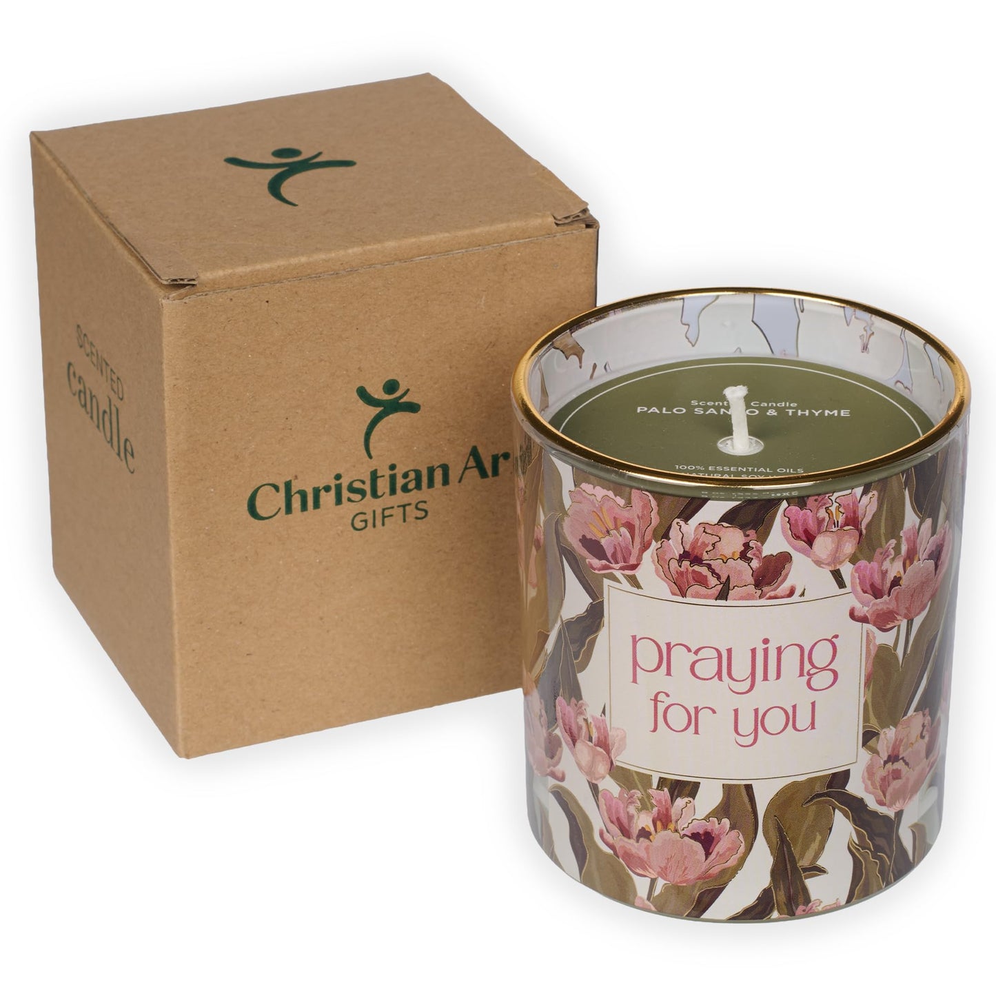 Christian Art Gifts Praying for You Scented Candle: Soy Wax, Pure Essential Oils, Palo Santo & Thyme Scent, Floral Design Glass Jar, Encouragement Gift for Women, 40 Hours Burn Time