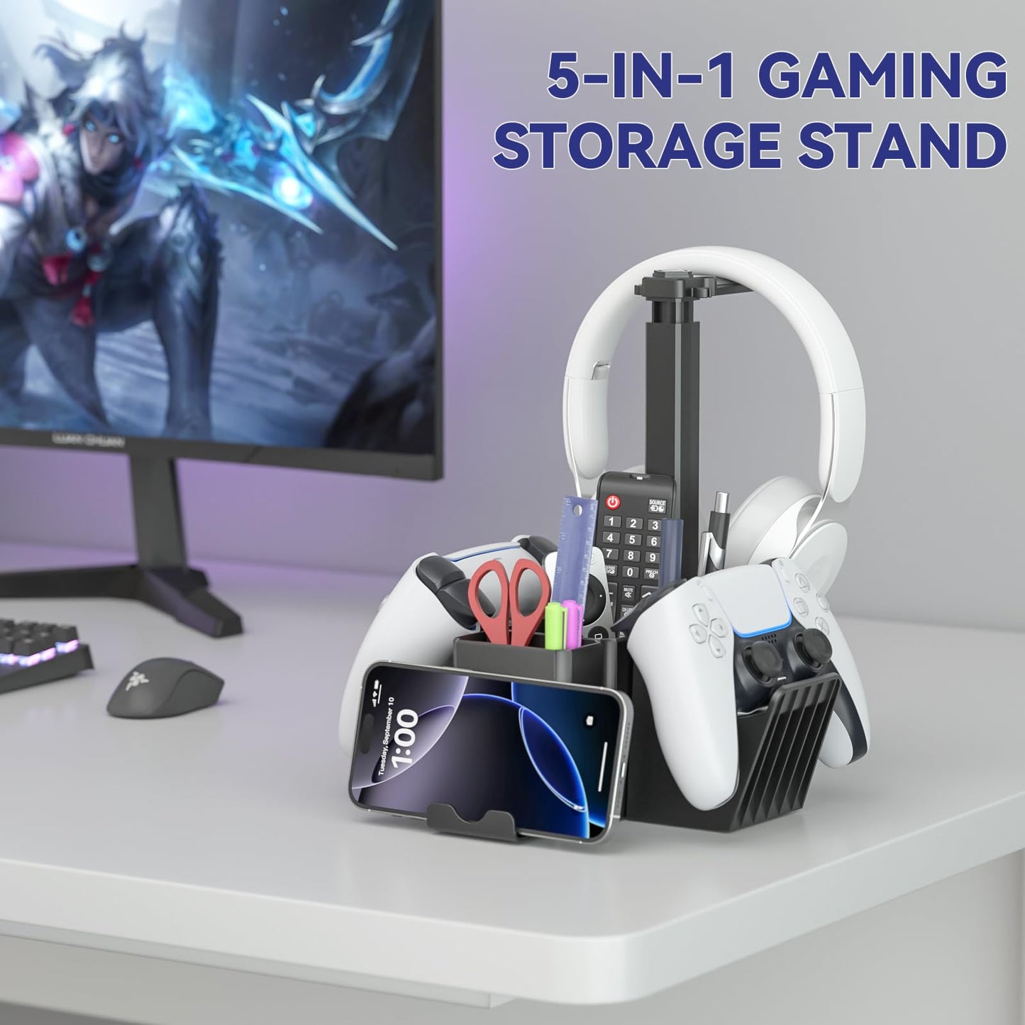 KDD Dual Controller Holder with Headphone Stand - Multi-Functional Desk Storage Box with Phone Holder - Universal Controller Stand with Desktop Organizer for Remote Control Pen Accessories