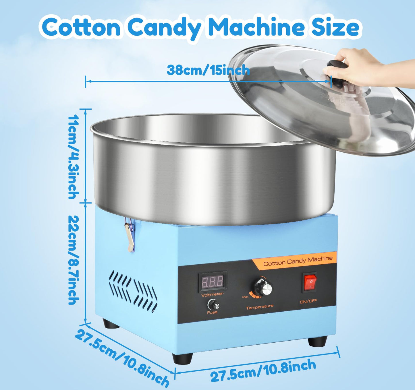 Cotton Candy Machine Commercial, 1000W Professional Cotton Candy Machine, Cotton Candy Maker with Stainless Steel Bowl, Bowl Cover and Sugar Scoop for Kids Birthday, Family Party, Festival (Blue)