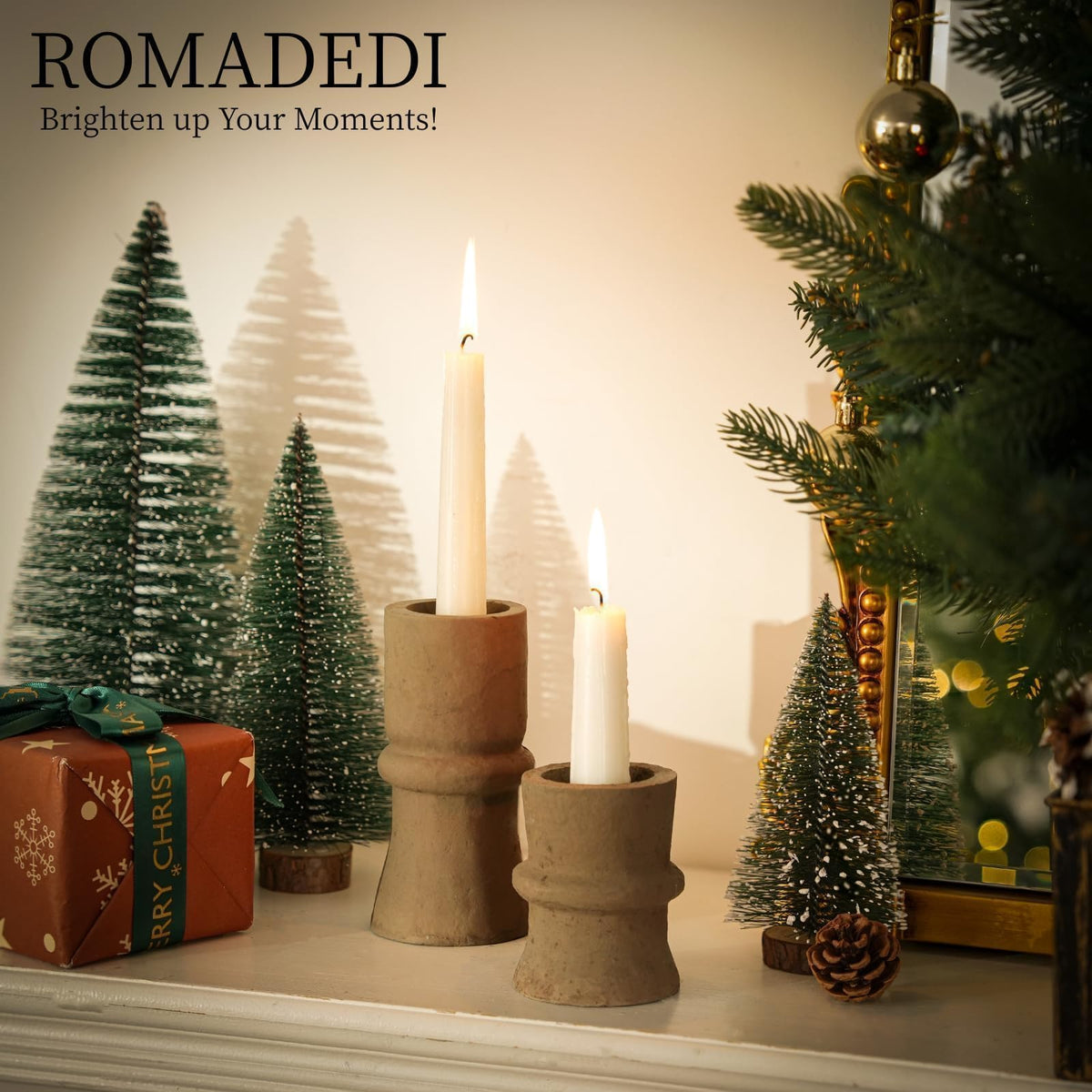 Romadedi Candlestick Holders Boho Decor: Taper Candle Holders Paper Mache for Living Room Modern Decorations Candle Stick Dining Table Centerpiece Fireplace Home Decoration Brown