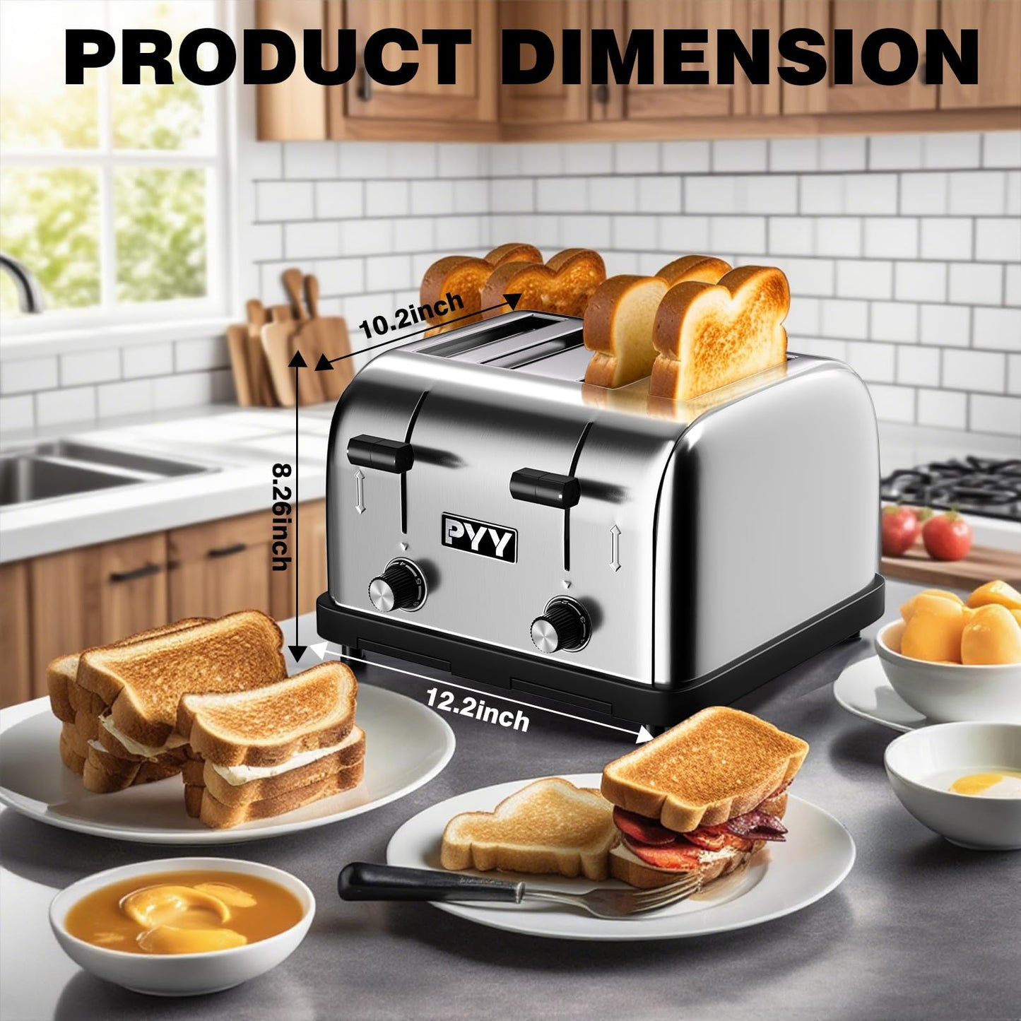 PYY 4 Slice Toaster - 1800W Stainless Steel Heavy Duty Toaster