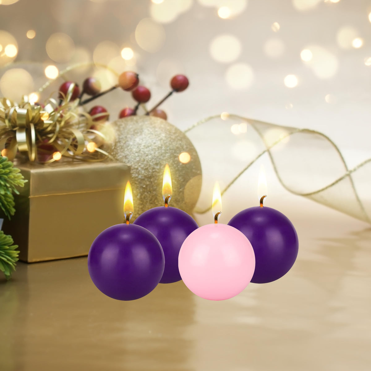 Mega Candles 4 pcs Unscented Christmas Advent Candles Set, Hand Poured Premium Wax Round Ball Candle 3 Inch Diameter, Holidays, Festivities, Devotional, Church, Wreath, Party, Gifts