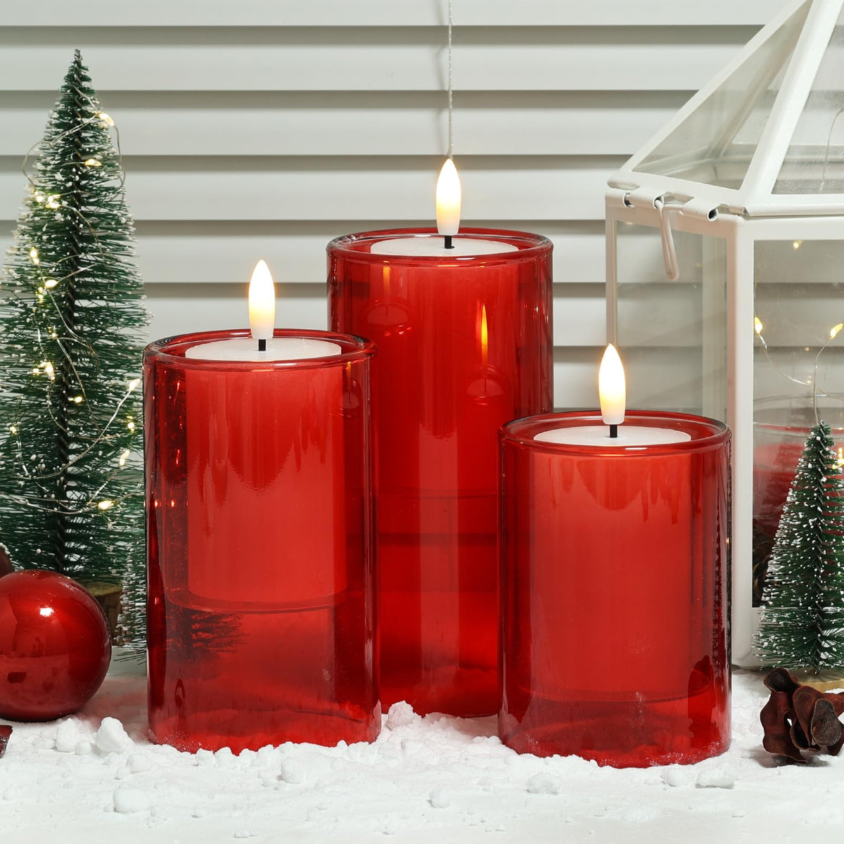 NURADA Flameless Candles with Remote Timer: 3D Wick Battery Operated Led Pillar Candle Fake Candles Set for Wedding Birthday Halloween Christmas Decorations - Red