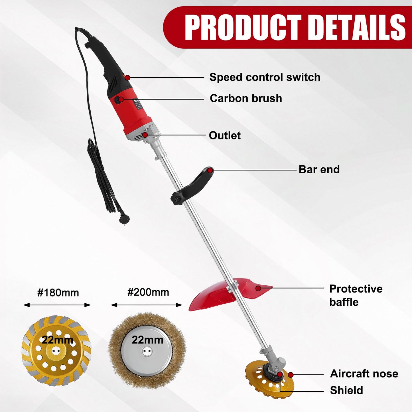 Electric Multifunctional Concrete Grinder & Burnishing Machine 6 Speed Adjustable 110V Heavy Duty Grinder for Floor Polishing,Wall Grinding,Metal Derusting with 180mm Diamond Disc &200mm Wire Brush