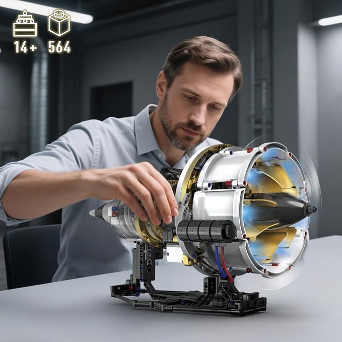 HIGH GODO Jet Engine Building Set Mini Engine Model Kit that Runs Visible Aircraft Turbofan Engine Kit with Motor Lights & App Control STEM Toys Gifts for Adults Teens Age 14+ (564 PCS)